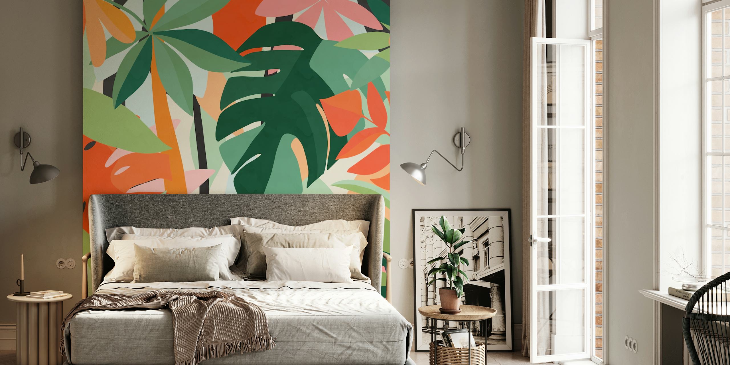 Tropical leaves in vibrant colors including green, orange, and pink wallpaper