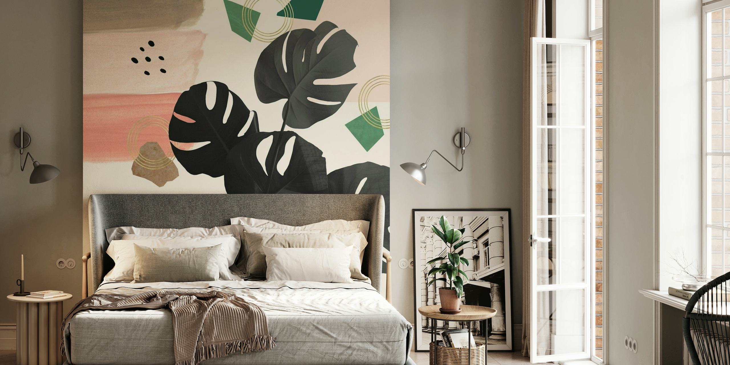 Monstera leaves wall mural with pastel brush strokes in a modern summer glam style