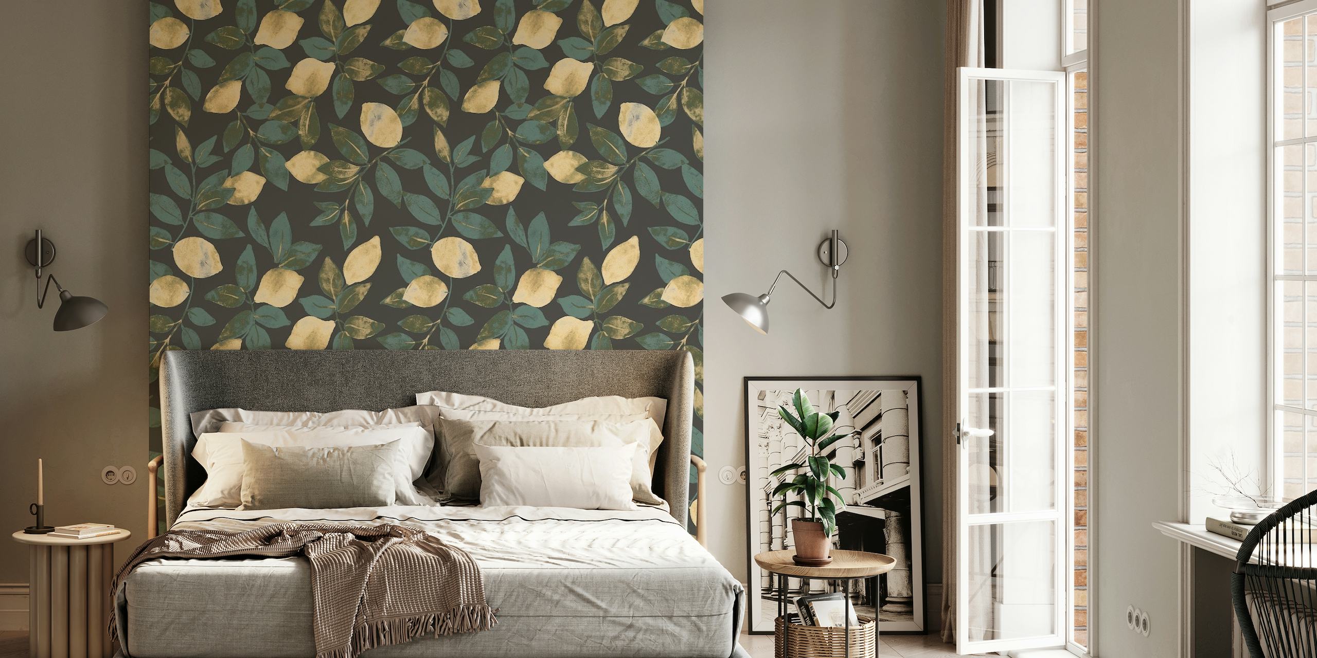 Vintage Lemons wall mural with lush green leaves and sliced citrus fruit