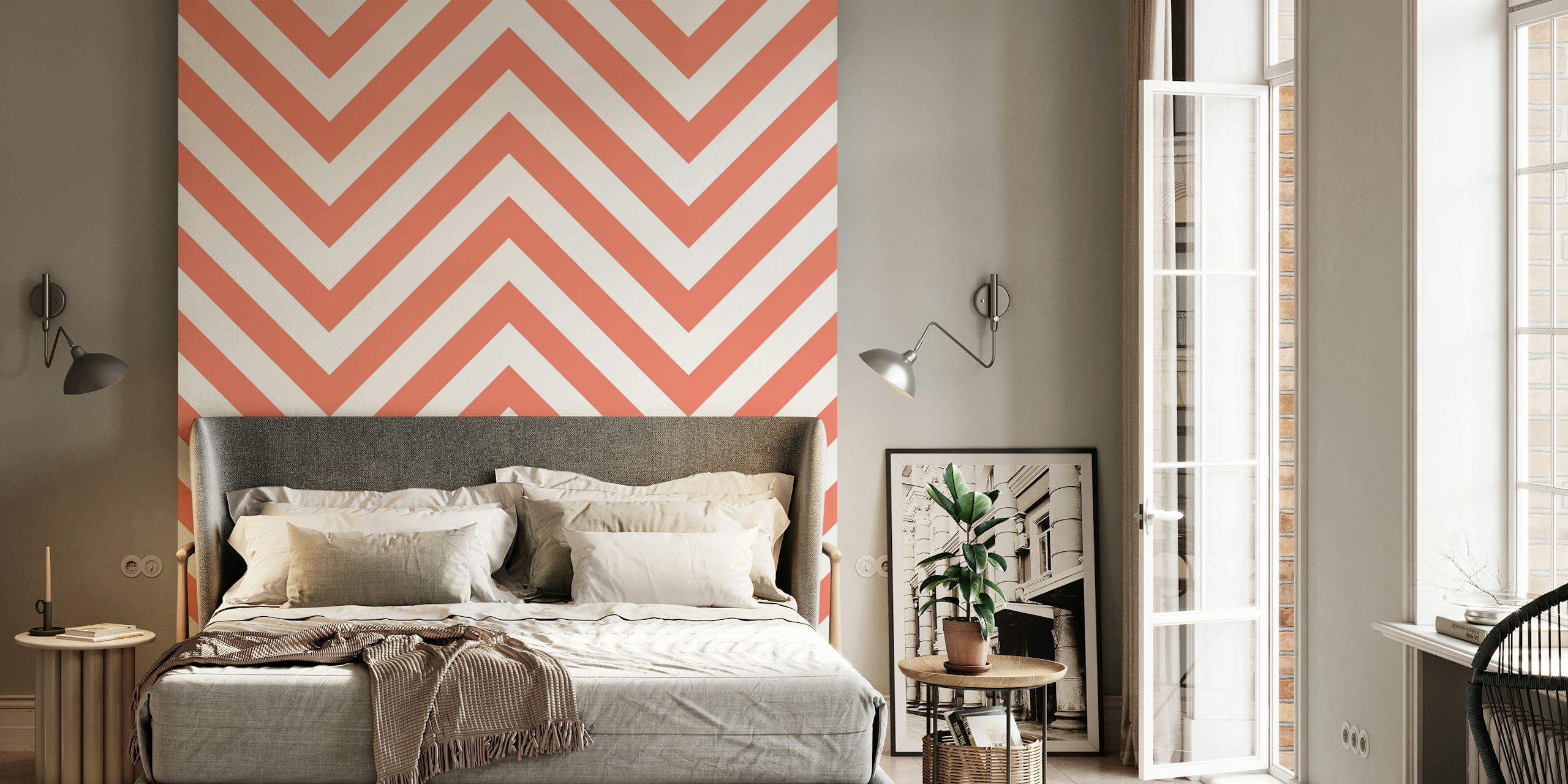 Coral orange white chevron wallpaper displayed in a room