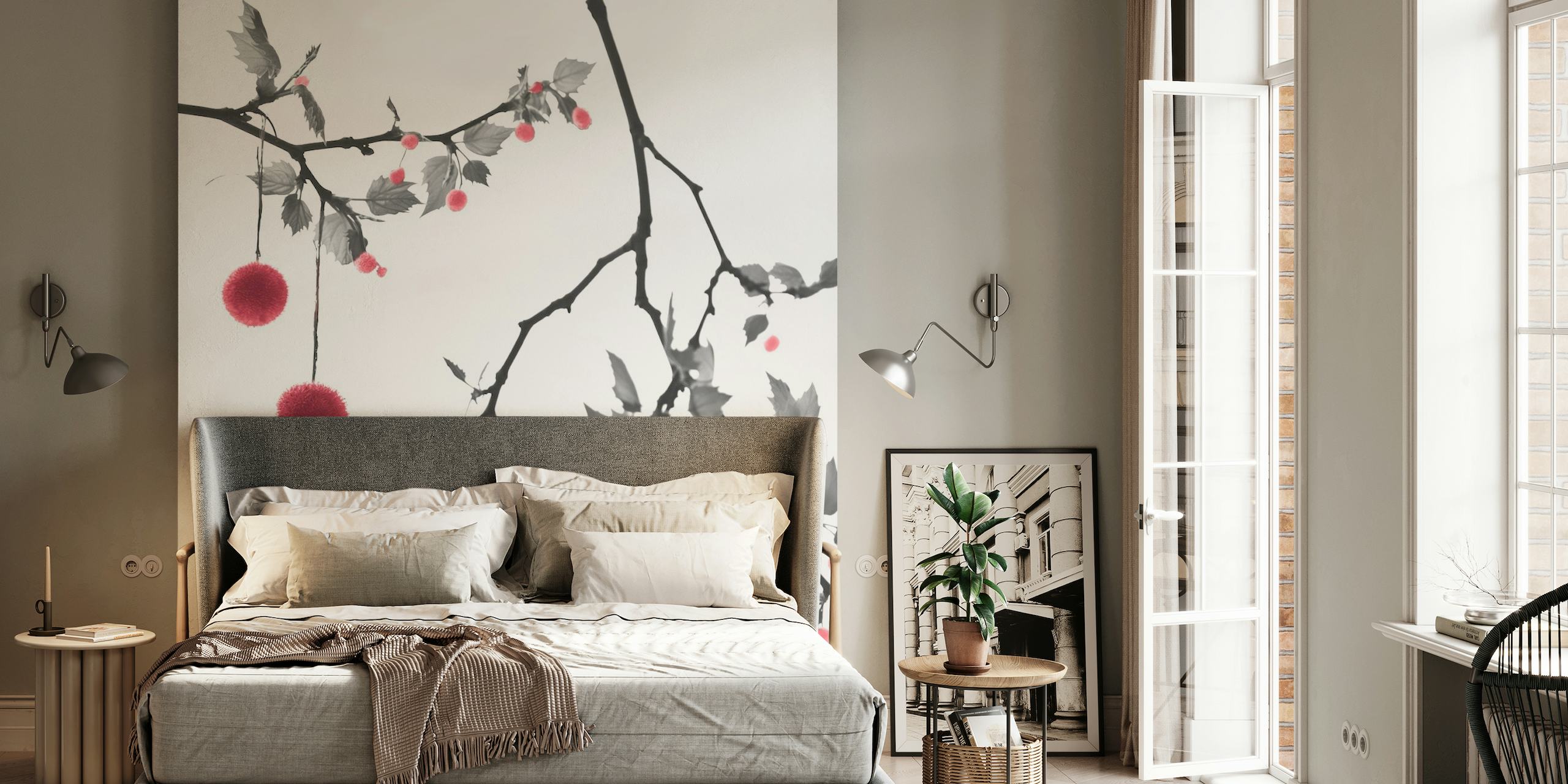 Elegant twigs with leaves and red berries wall mural