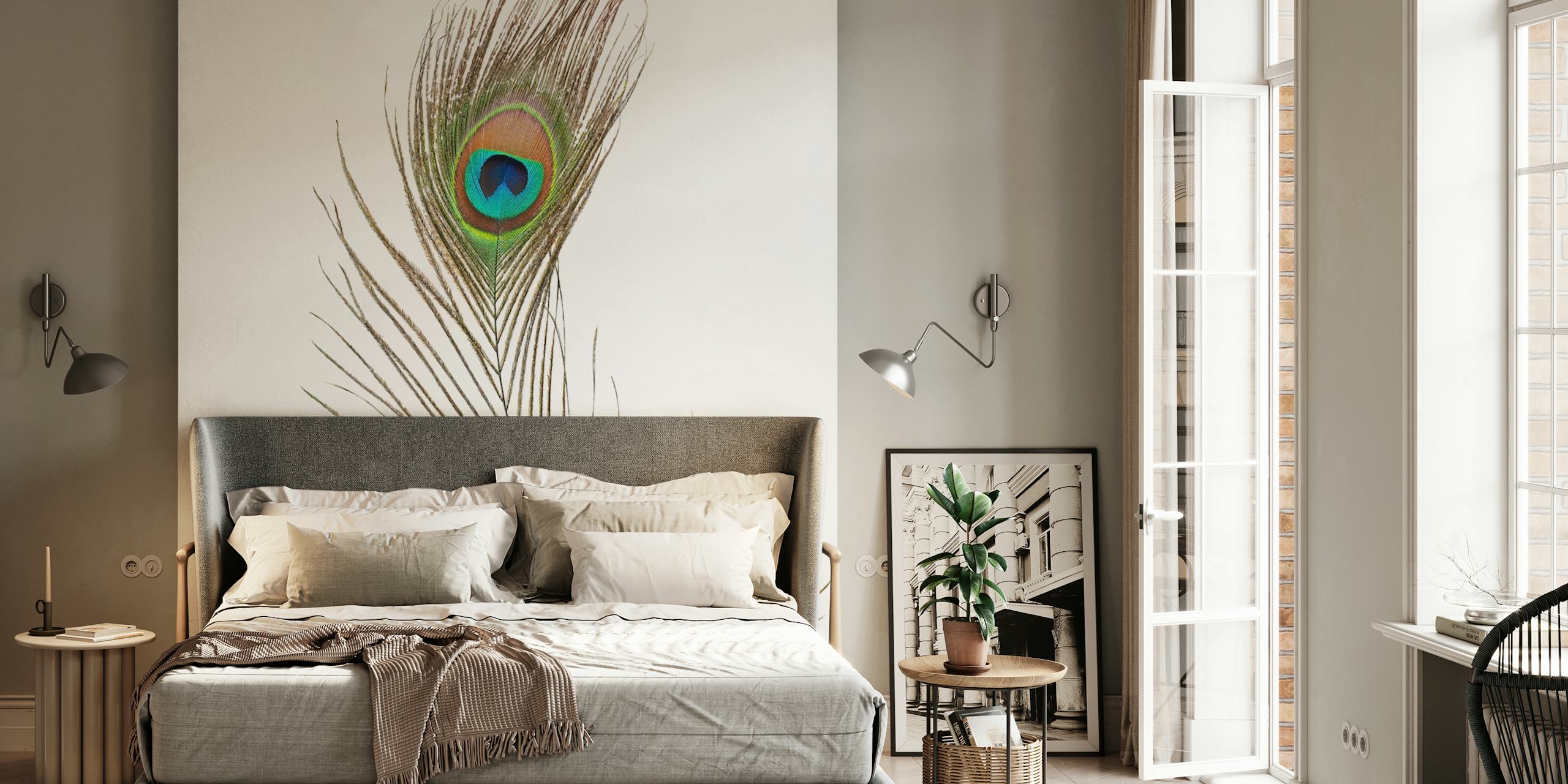 Elegante murale con piuma di pavone singola con dettagli intricati e colori vivaci