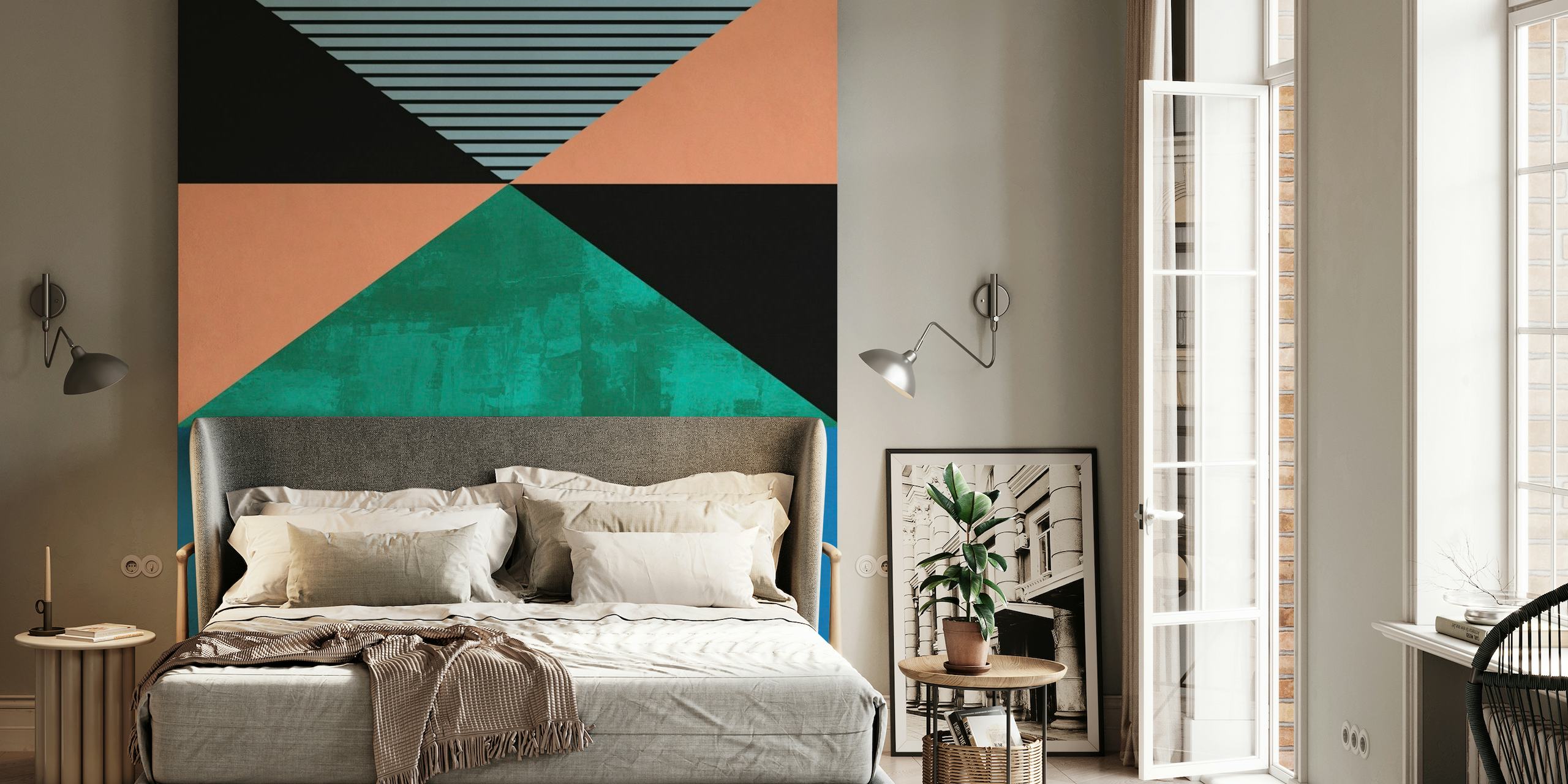 Abstrakte geometrische Fototapete mit blaugrünen, schwarzen, korallenroten Dreiecken und Streifen