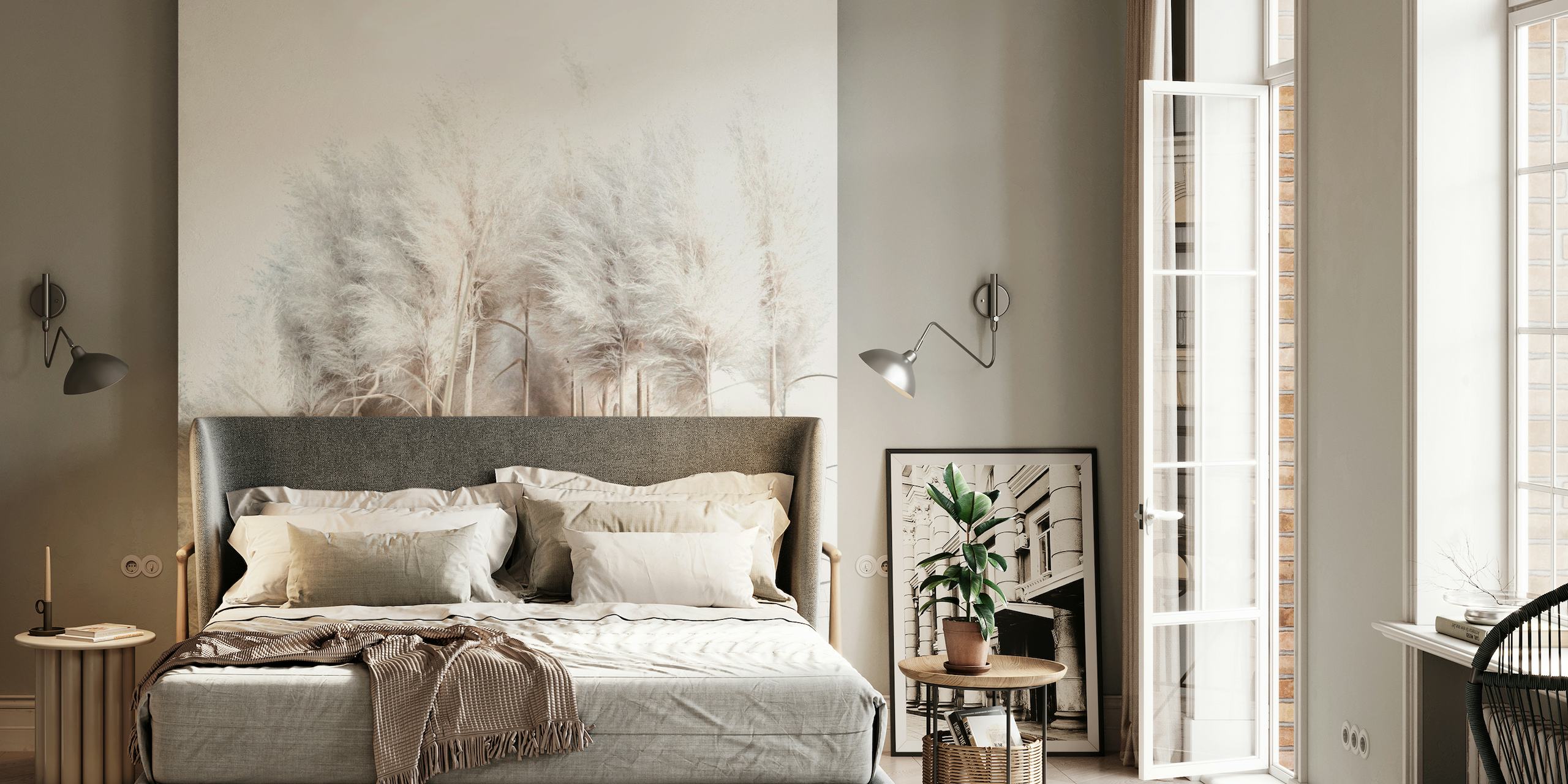 Pampas Grass I wall mural with feathery white plumes on clear background