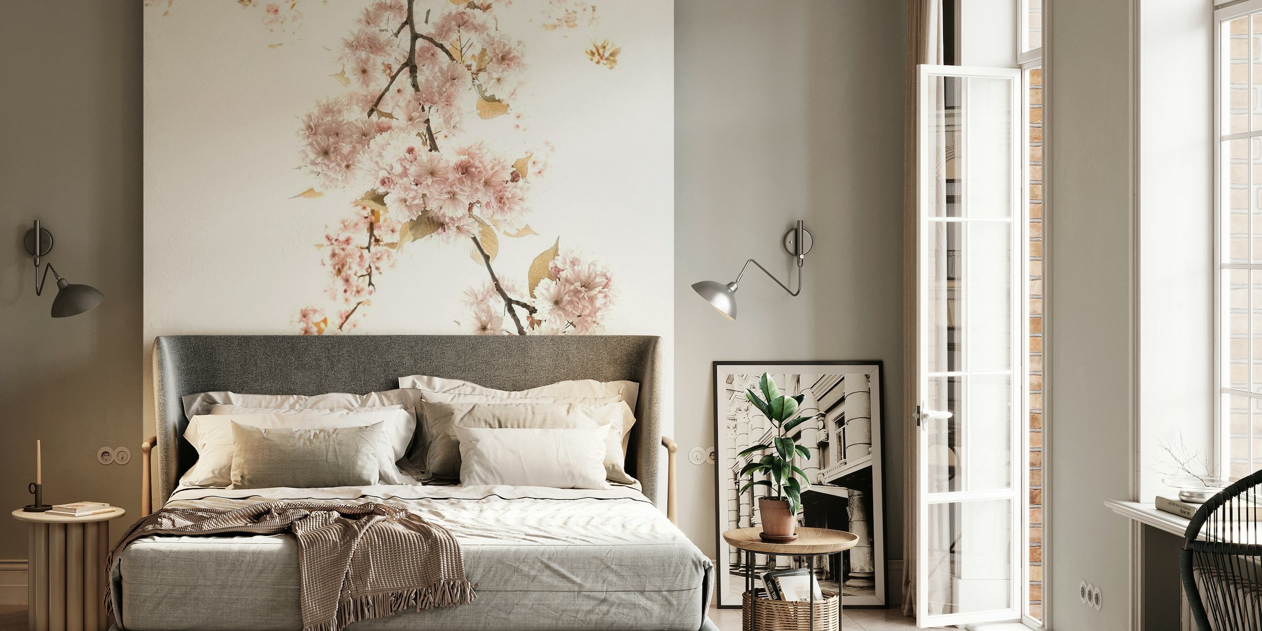 Tyylikäs Spring Blossom seinämaalaus, jossa on vaaleanpunaisia kukkia ja vihreitä lehtiä
