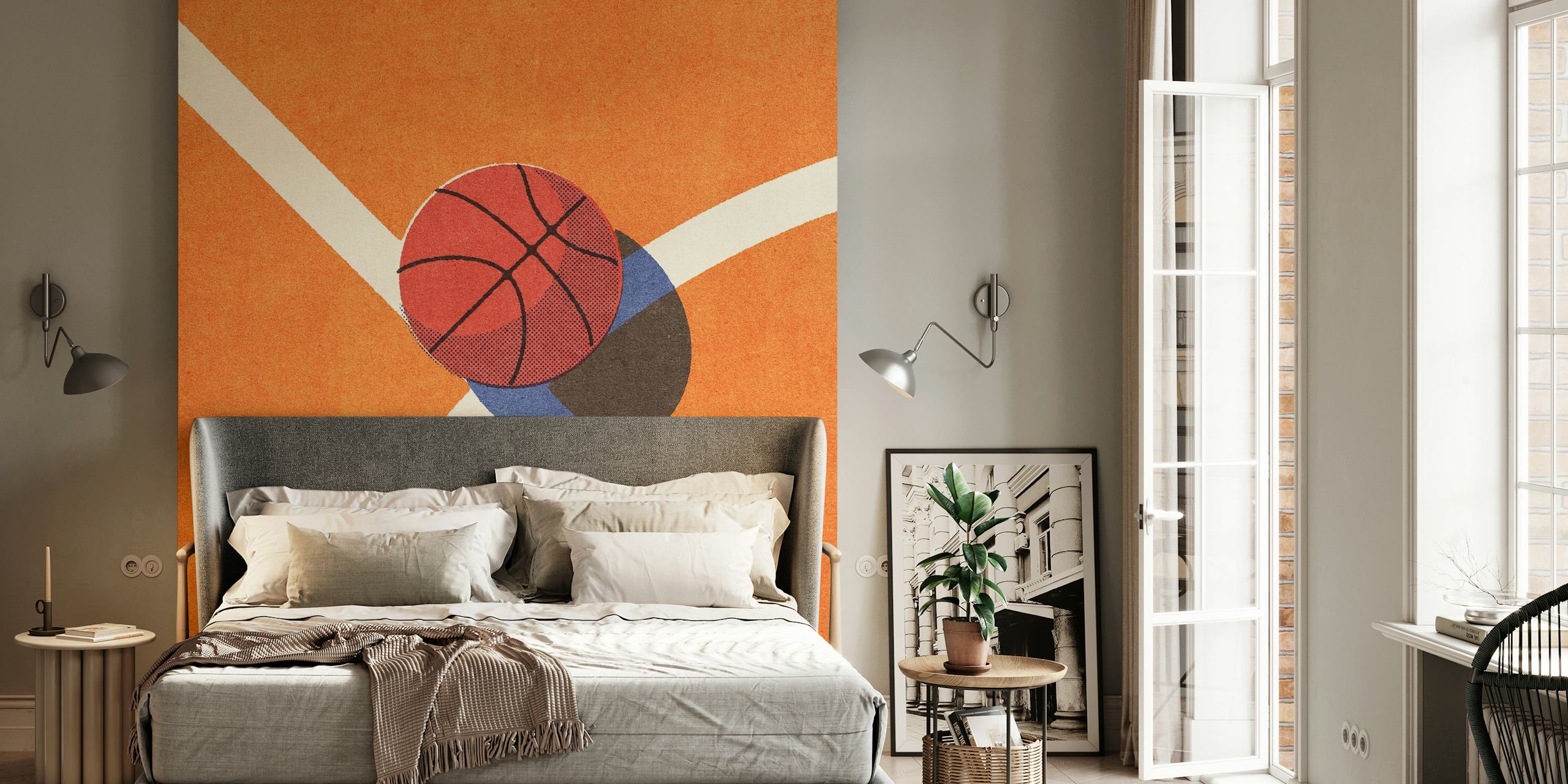 Basketball on orange court with white lines wallpaper