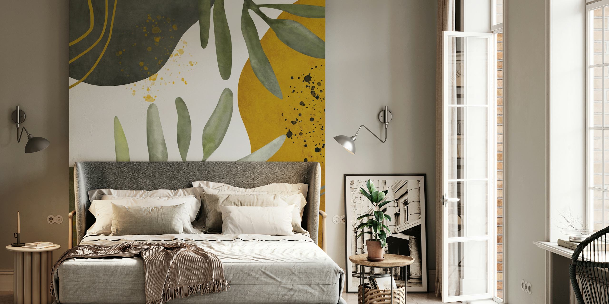 Abstract botanical leaves in muted greens with earthy-toned shapes wall mural