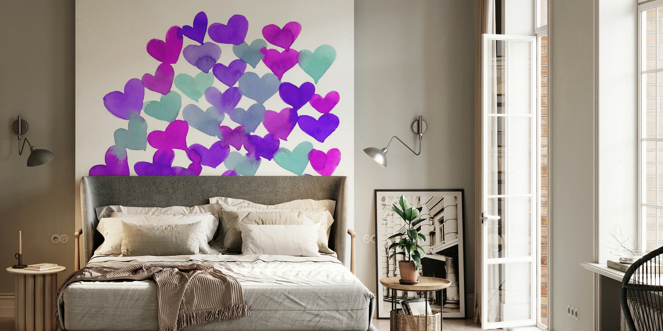 Hearts in various shades of aqua and purple softly floating on a white background