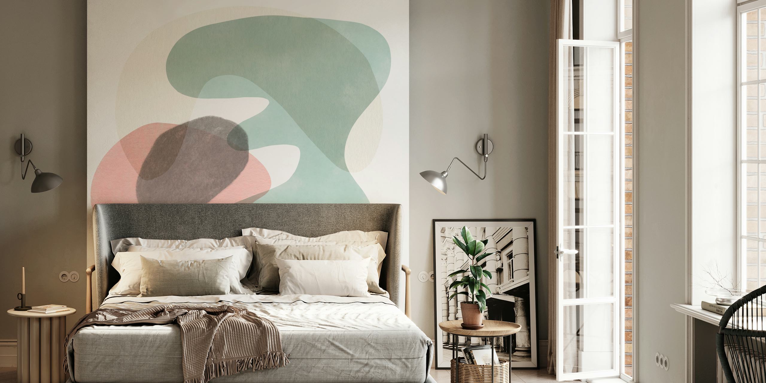 Pastel abstract shapes in soft colors like pink, green, and brown wallpaper