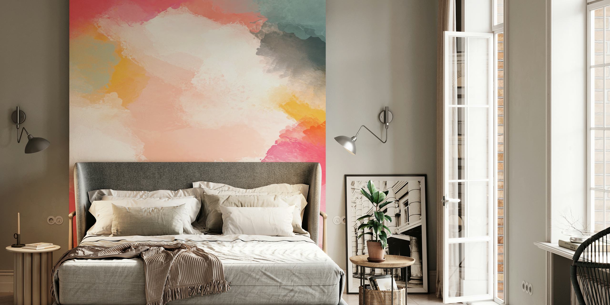 Colorful abstract brush strokes in pink, teal, and orange wallpaper
