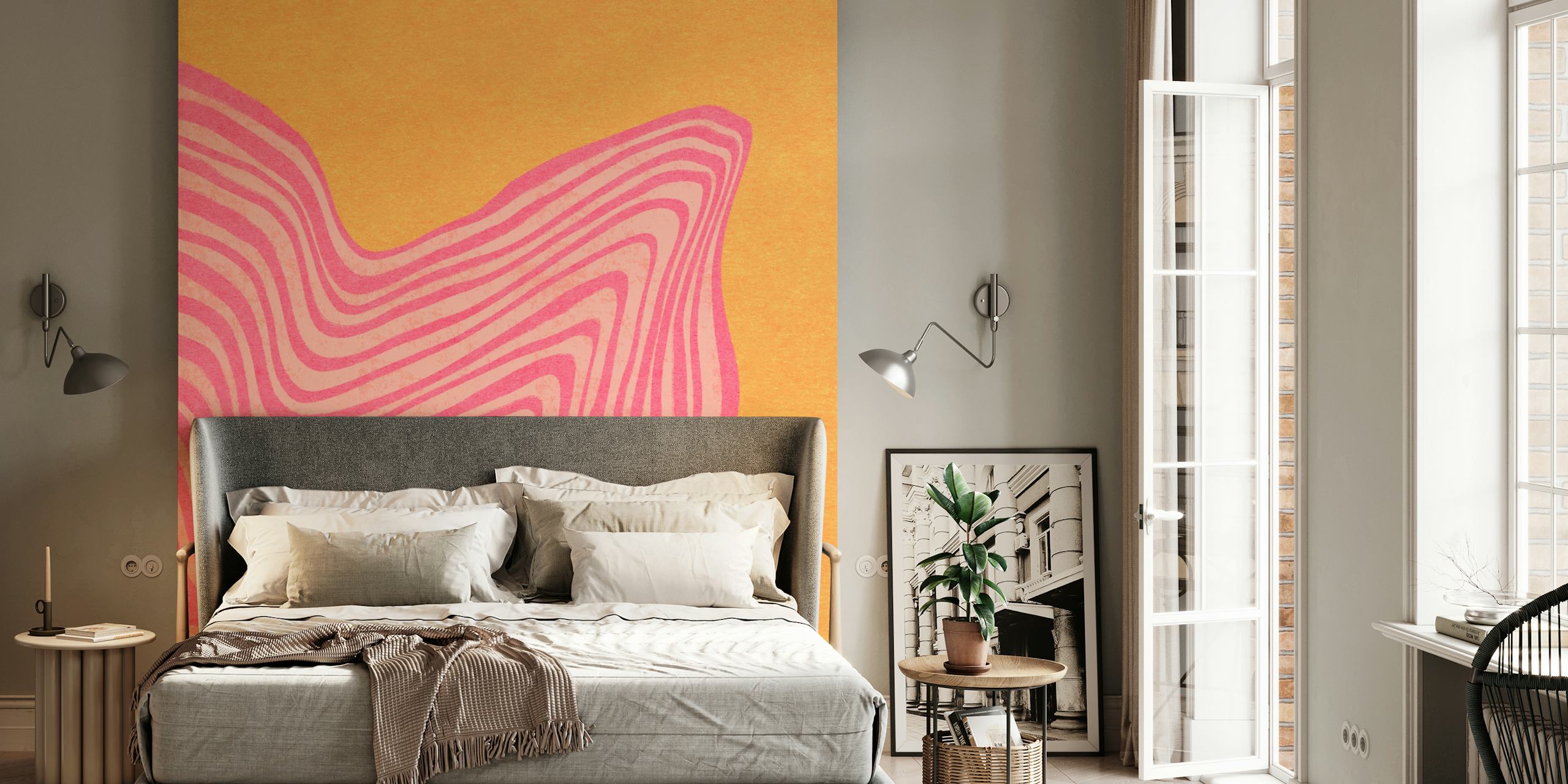 Trippy Waves Pink Orange Tapete in einem Zimmer
