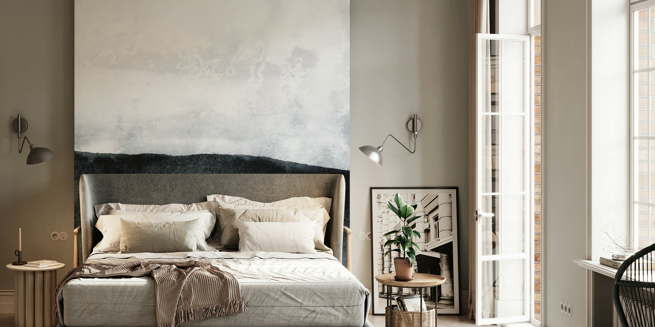 Abstract monochrome watercolor wall mural with smooth gradient
