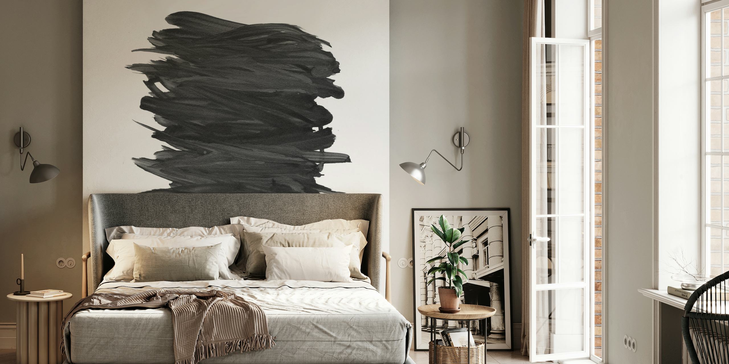 Monochromatic abstract brushstroke wall mural in shades of grey