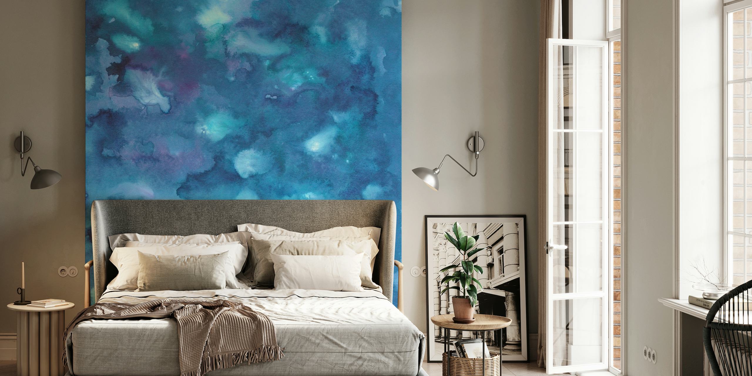 Abstract blue watercolor wall mural resembling the ocean depths with light refractions
