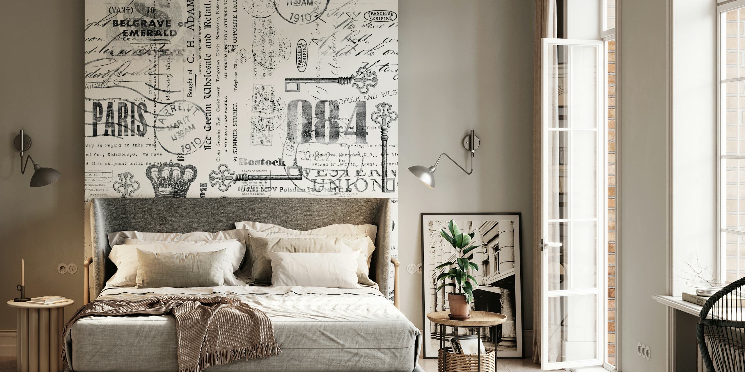 Vintage black and white ephemera wallpaper featuring stamps, keys, and text