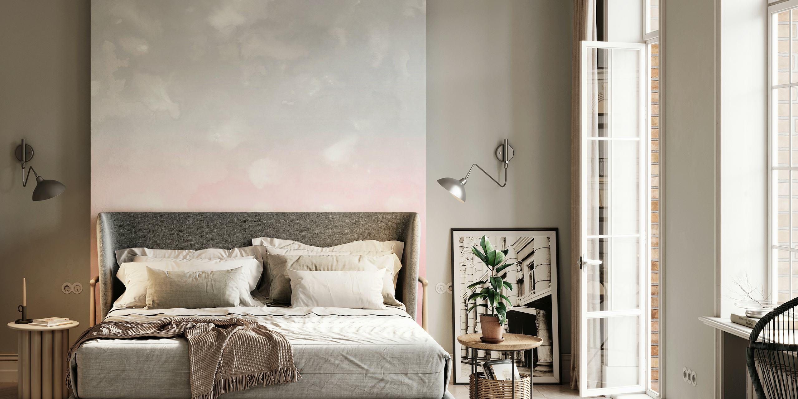 Blush and gray abstract wall mural with a soft, dreamy watercolor texture