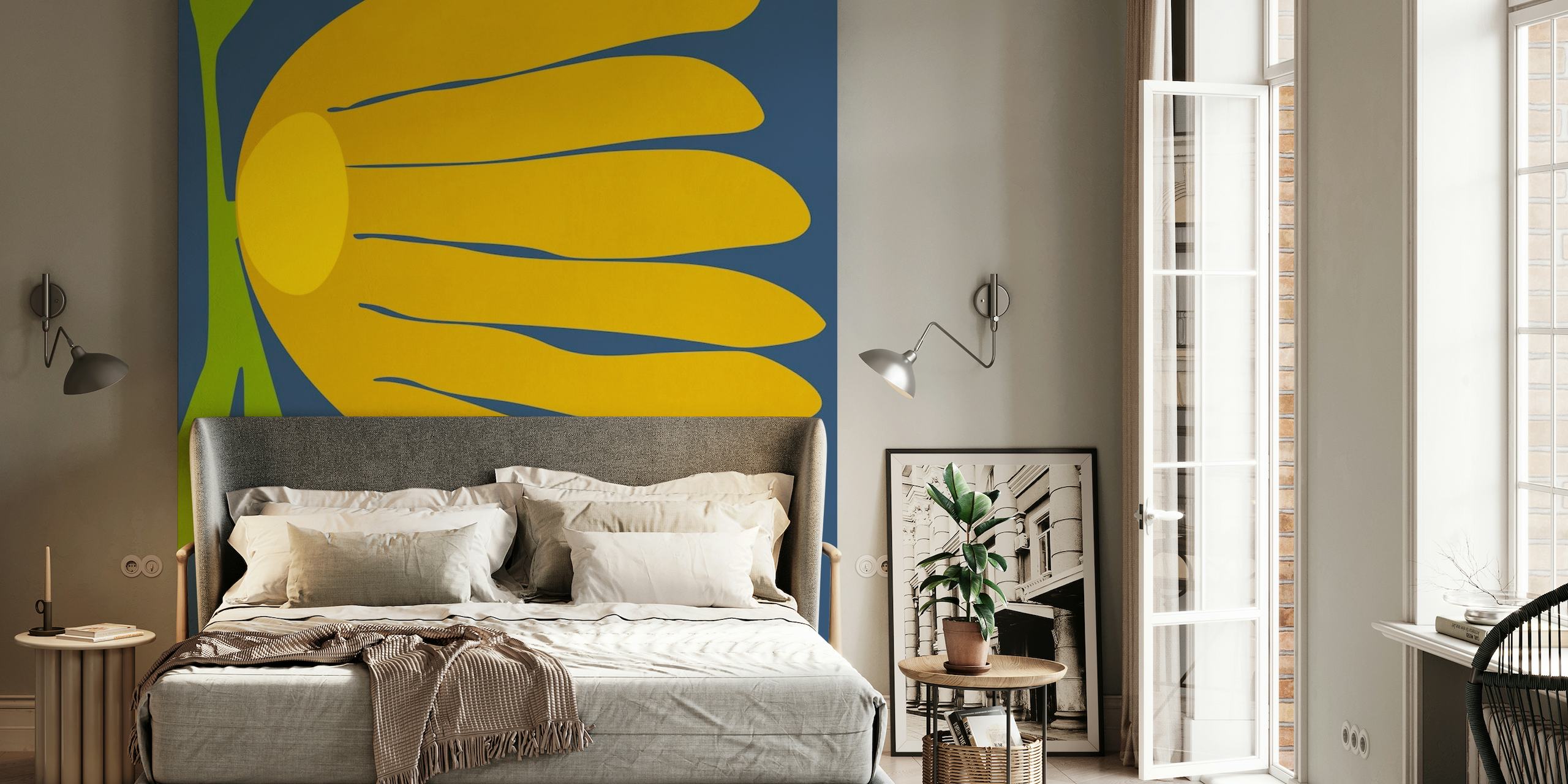 Yellow flower illustration on a blue background wall mural