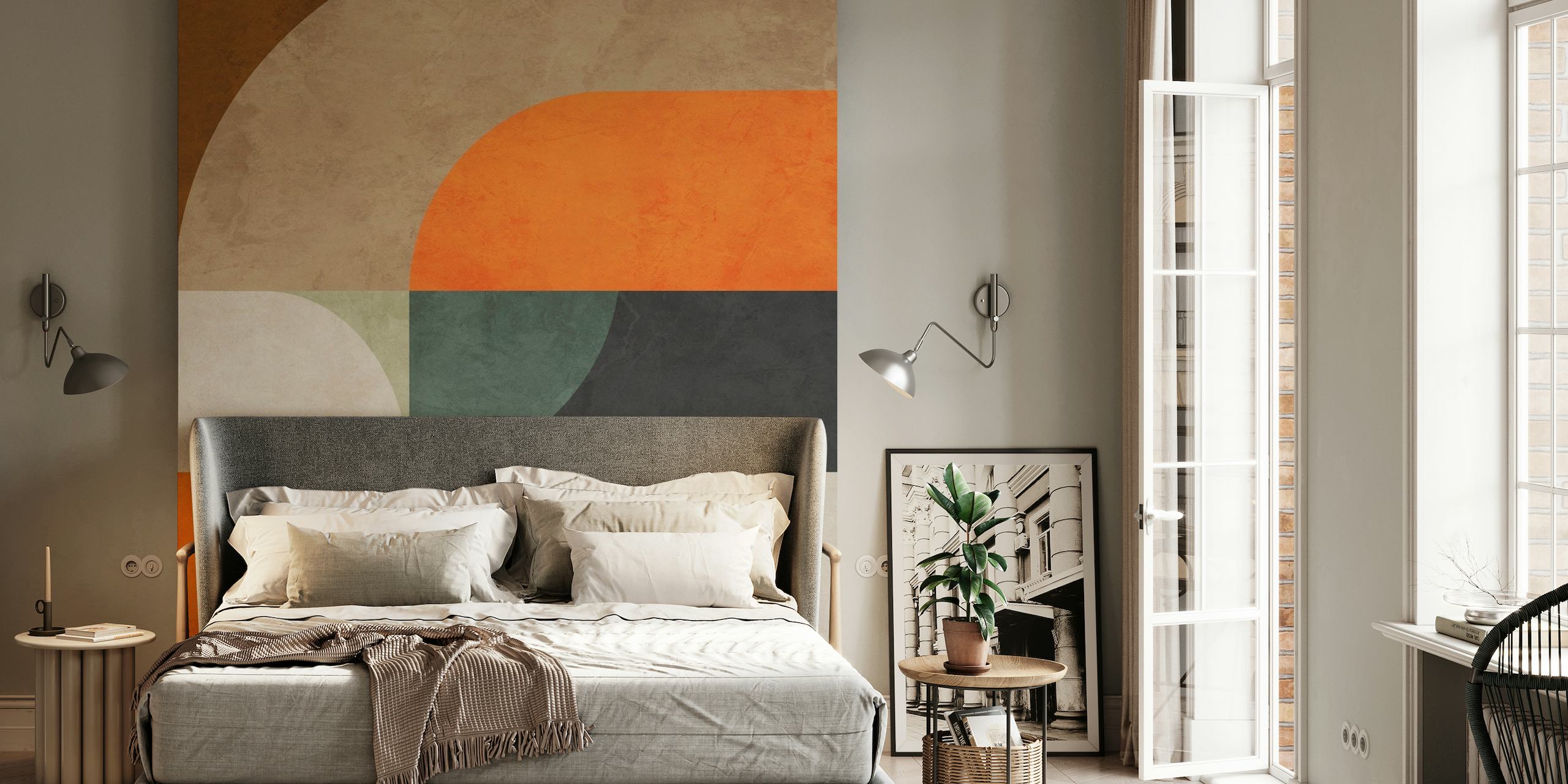 abstract geometric wall mural with warm earth colors