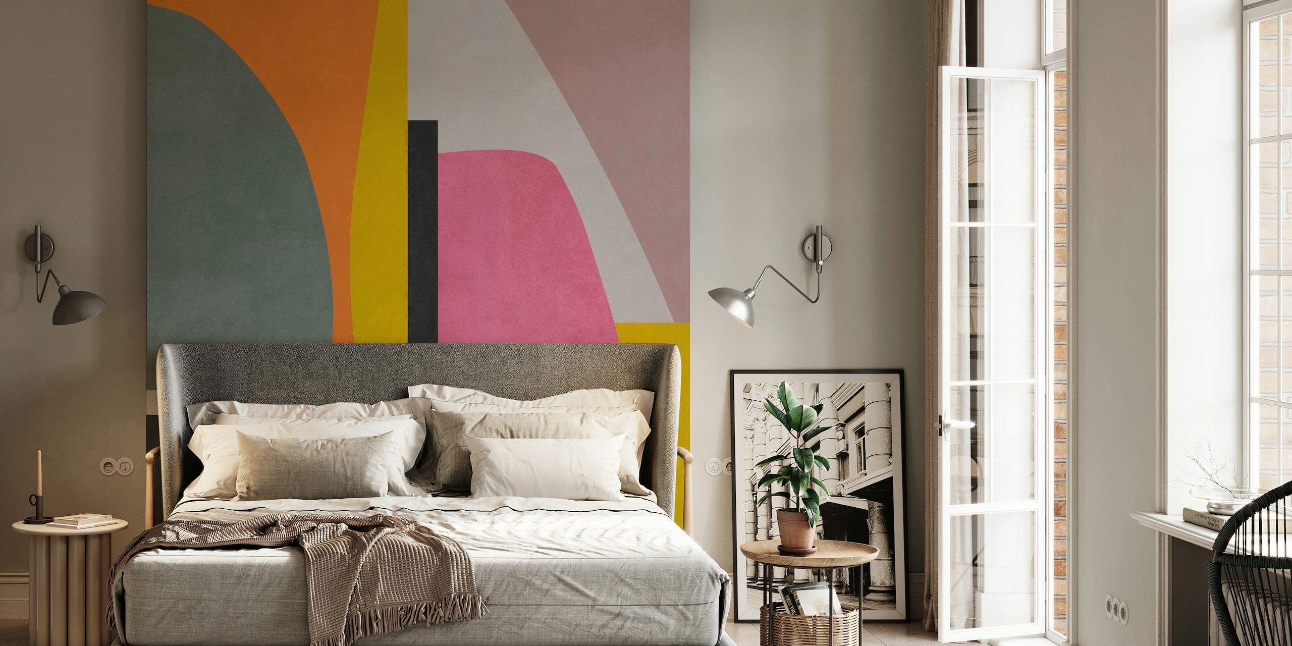 Zidni mural s apstraktnim geometrijskim oblicima razigranih boja na happywall.com
