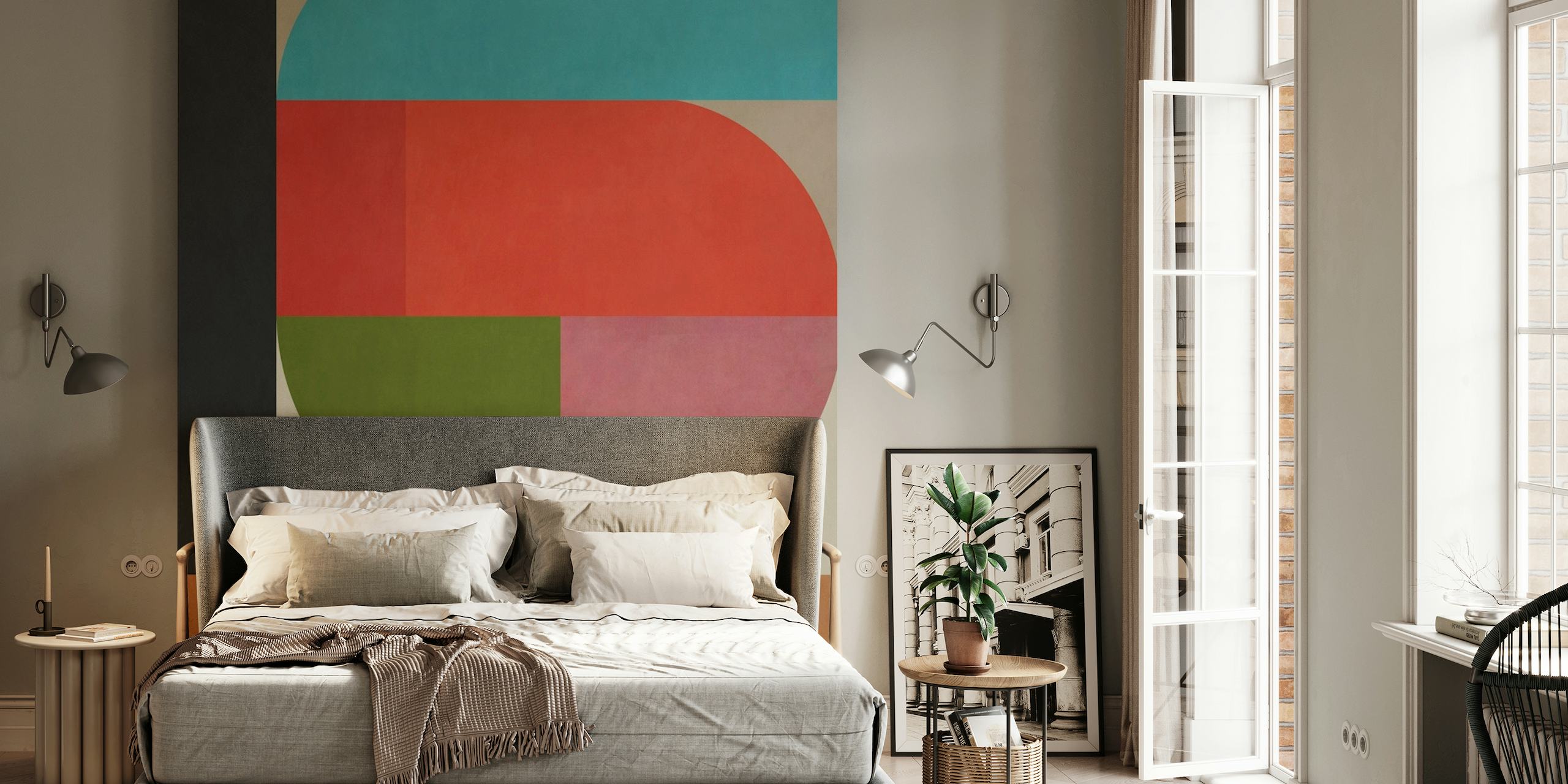 Abstrakt geometrisk vægmaleri i levende farver