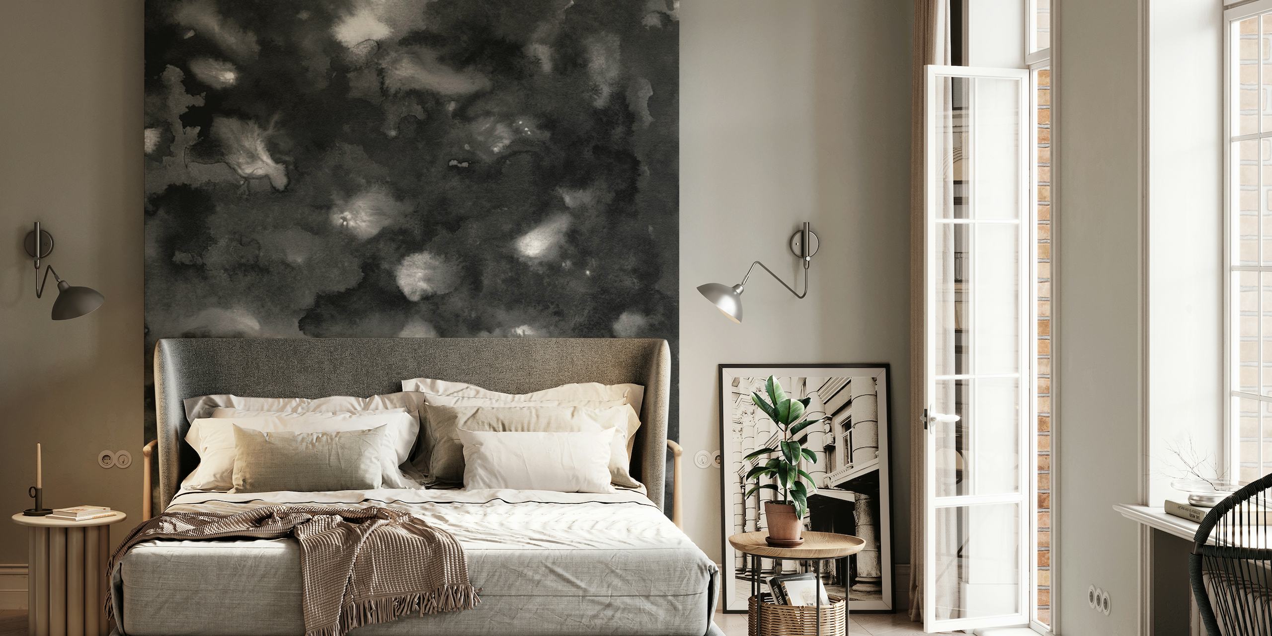 Abstract ocean-inspired wall mural in grayscale with hints of silver highlights