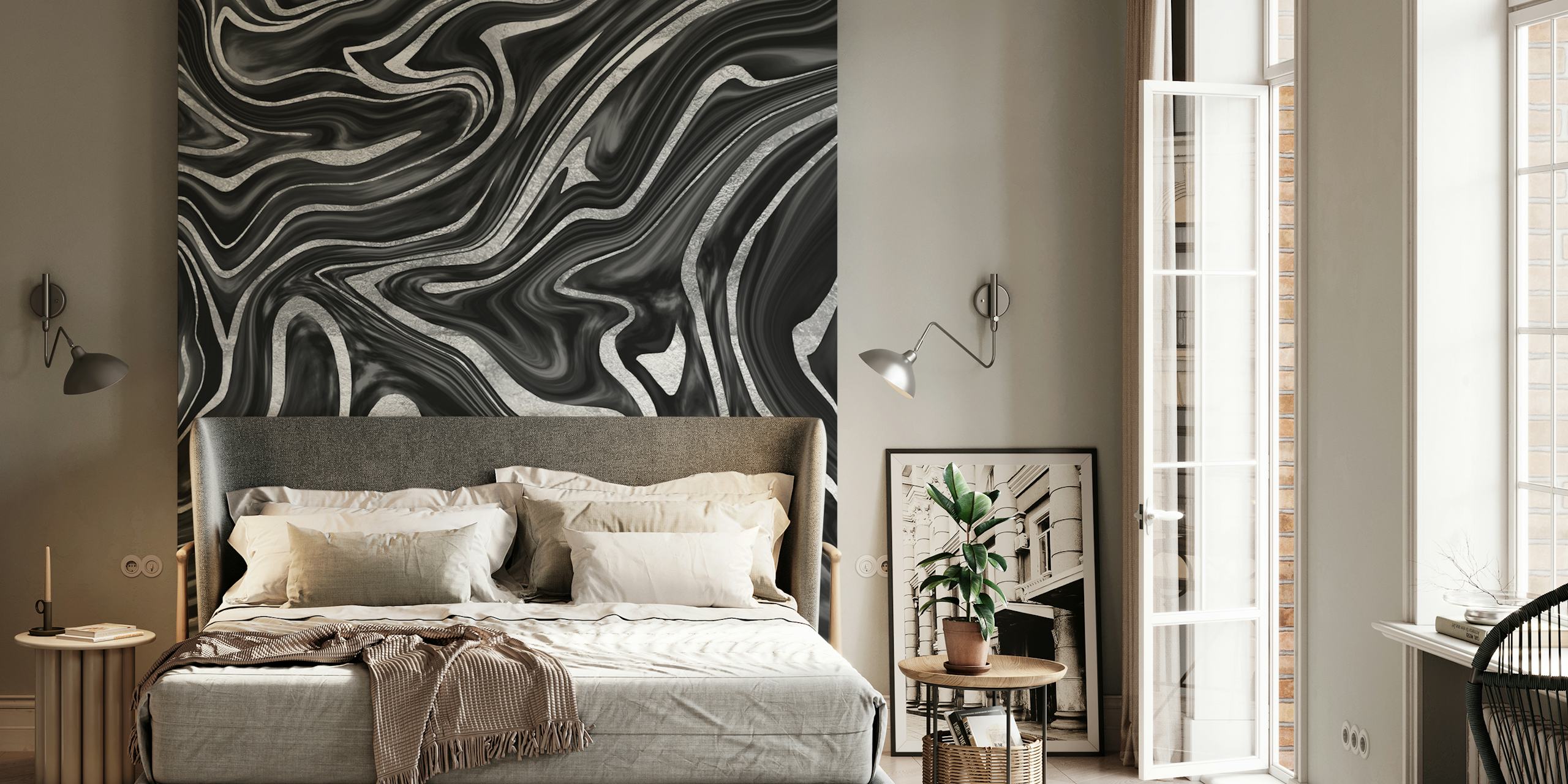 Black Gray Silver Marble Tapete in einem Raum