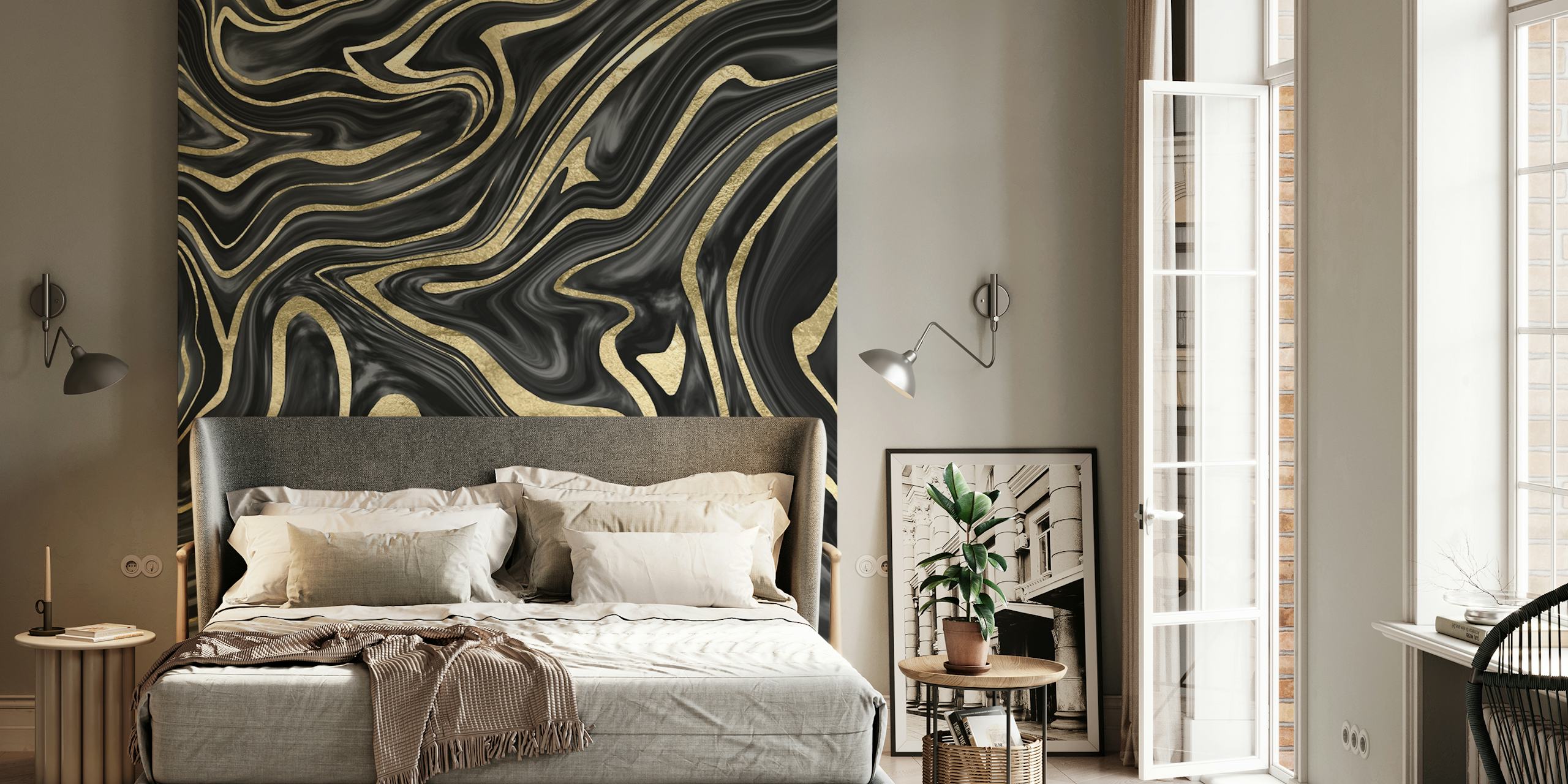 Black gold abstract marble swirls wallpaper