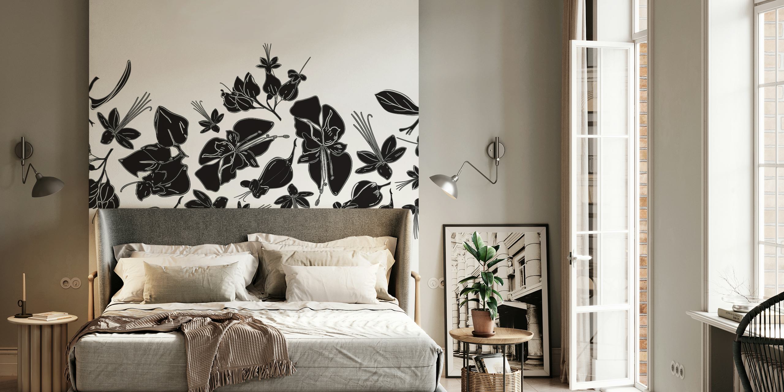 Monochromatyczna fototapeta z sylwetkami kwiatów do nowoczesnych wnętrz