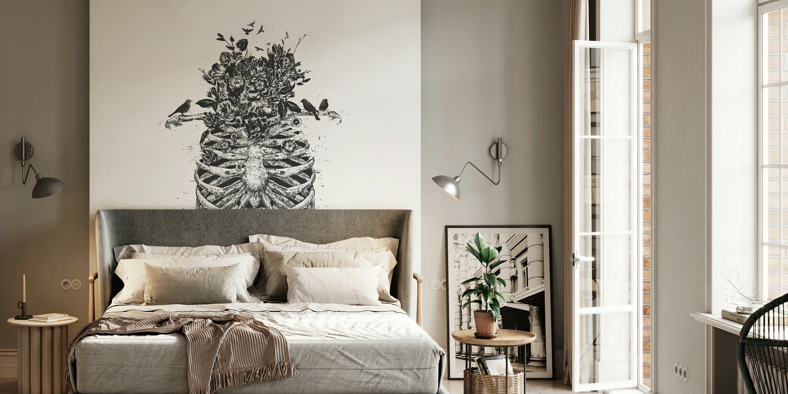 Black and white floral skeleton wallpaper with birds and flowers