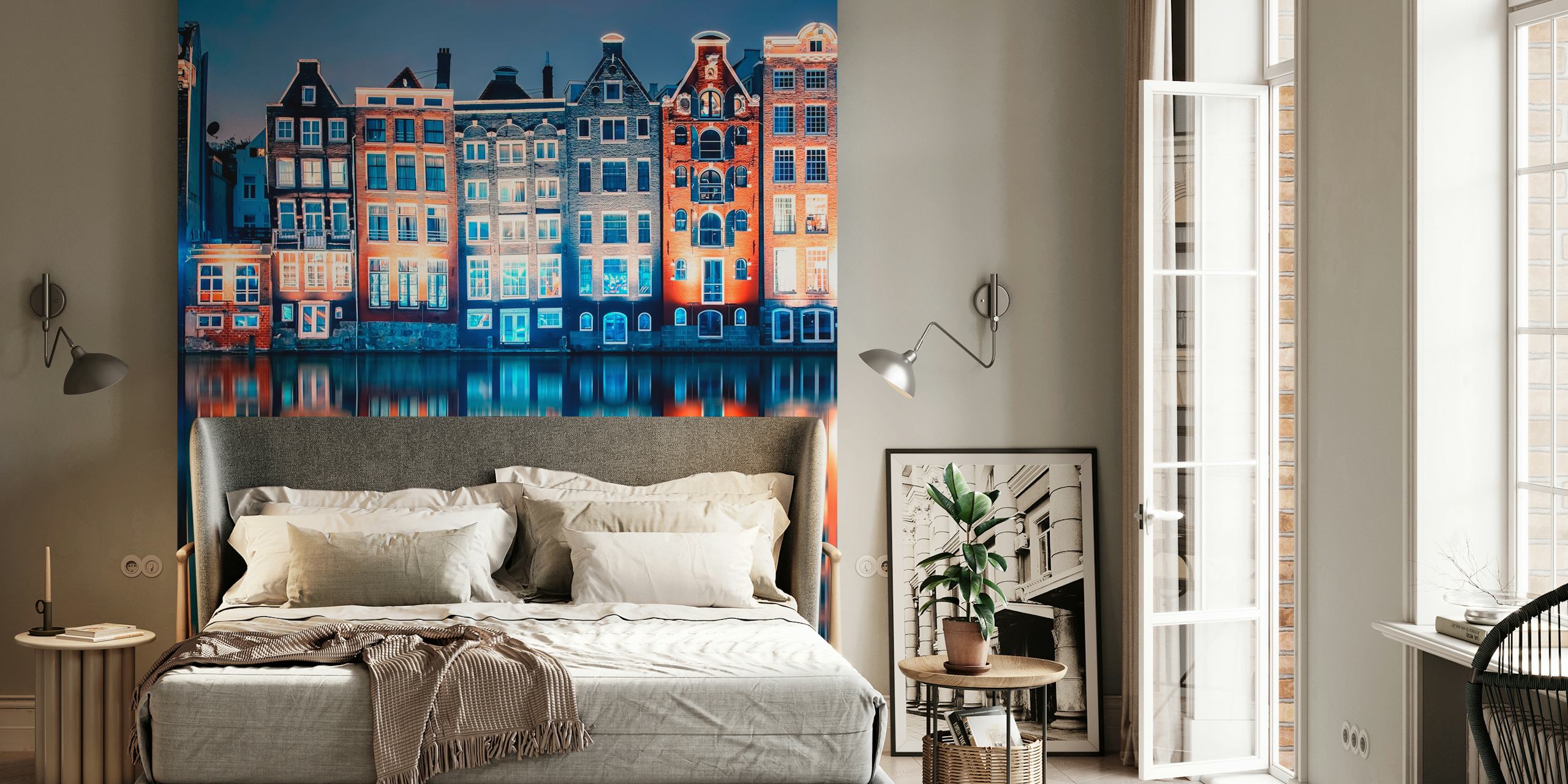 Amsterdam canal night scene wallpaper with colorful buildings and reflections