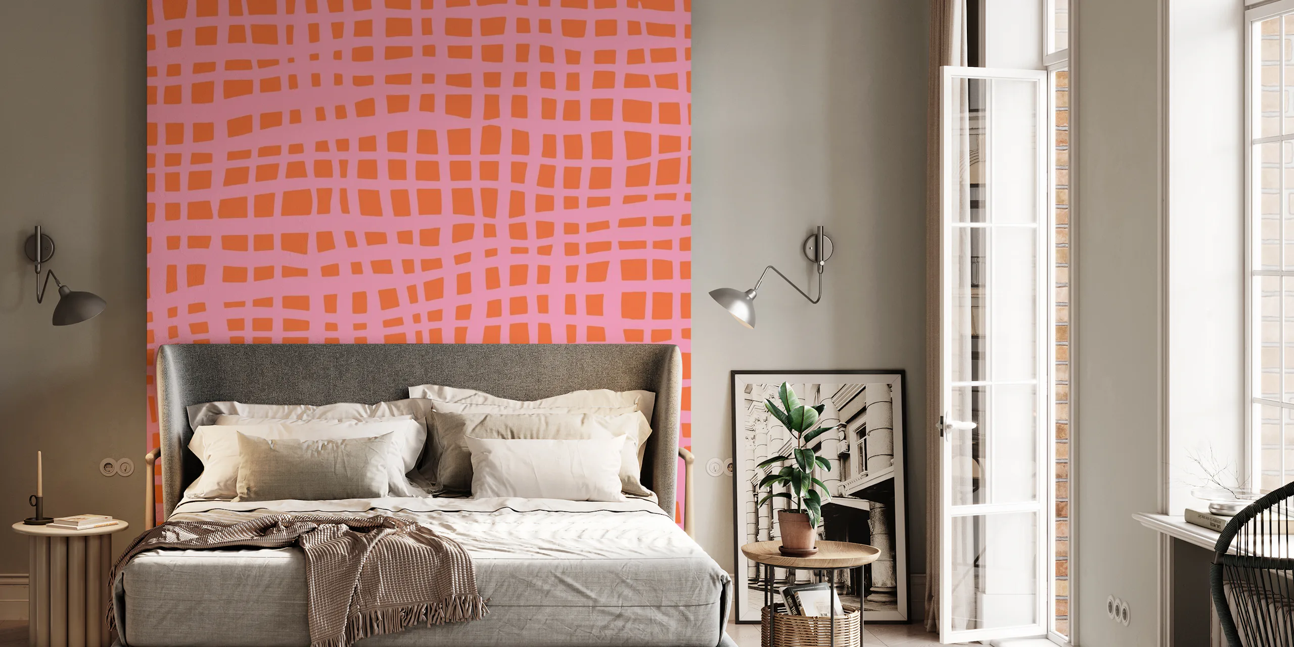 Retro Grid Pattern Orange Pink Wallpaper | Happywall