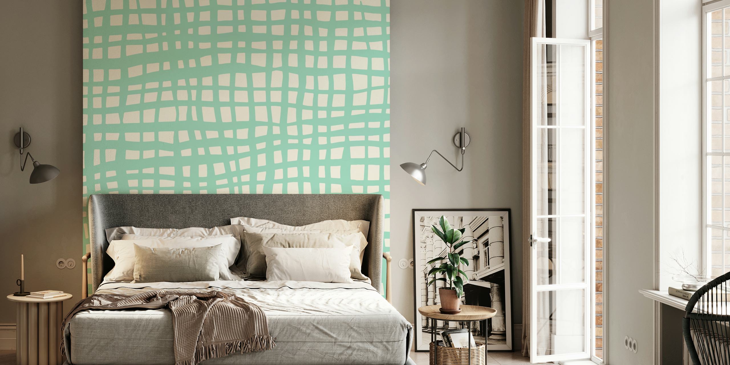 Pastel aqua geometric grid pattern wallpaper