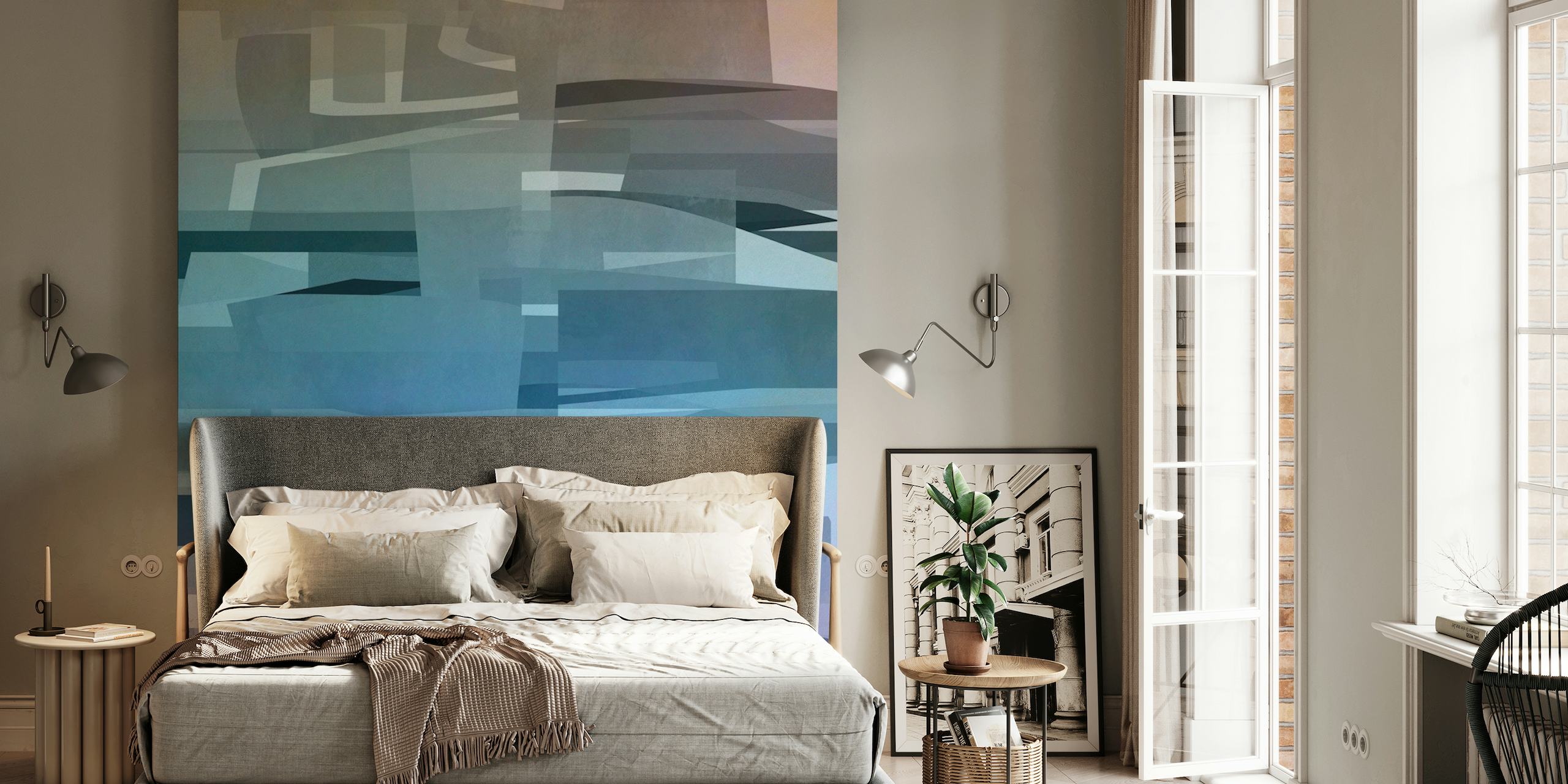 Abstract urban-style wall mural in shades of blue and grey with geometric shapes