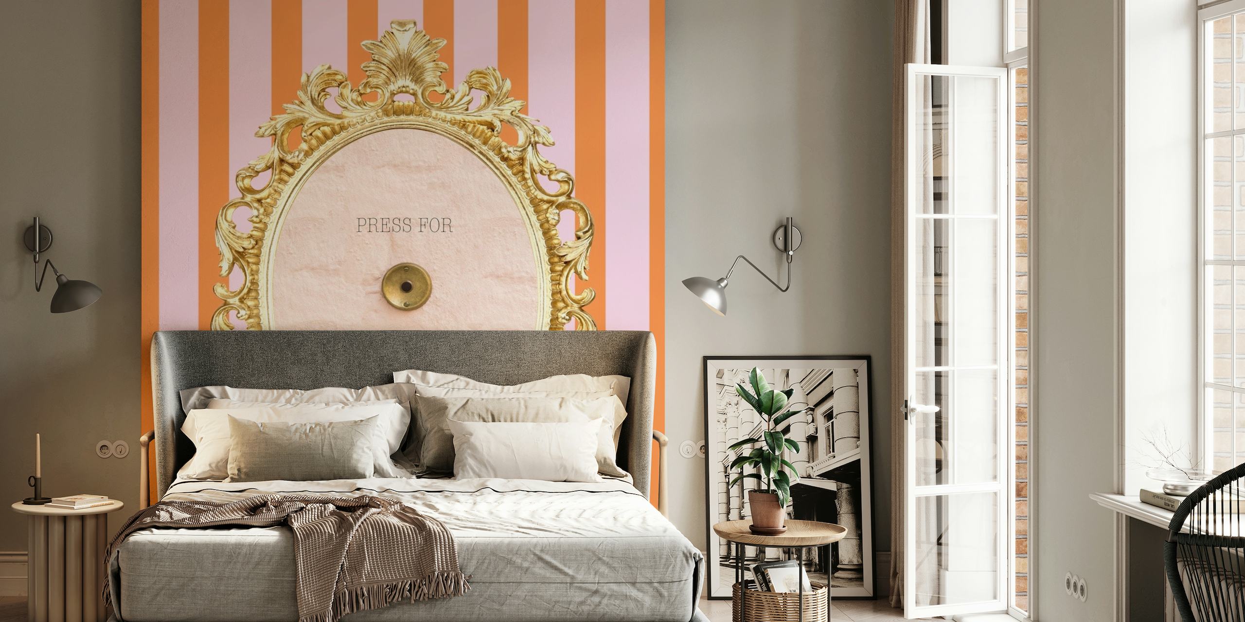 Peach and white striped wall mural with a vintage gold picture frame and 'Press for Champagne' text