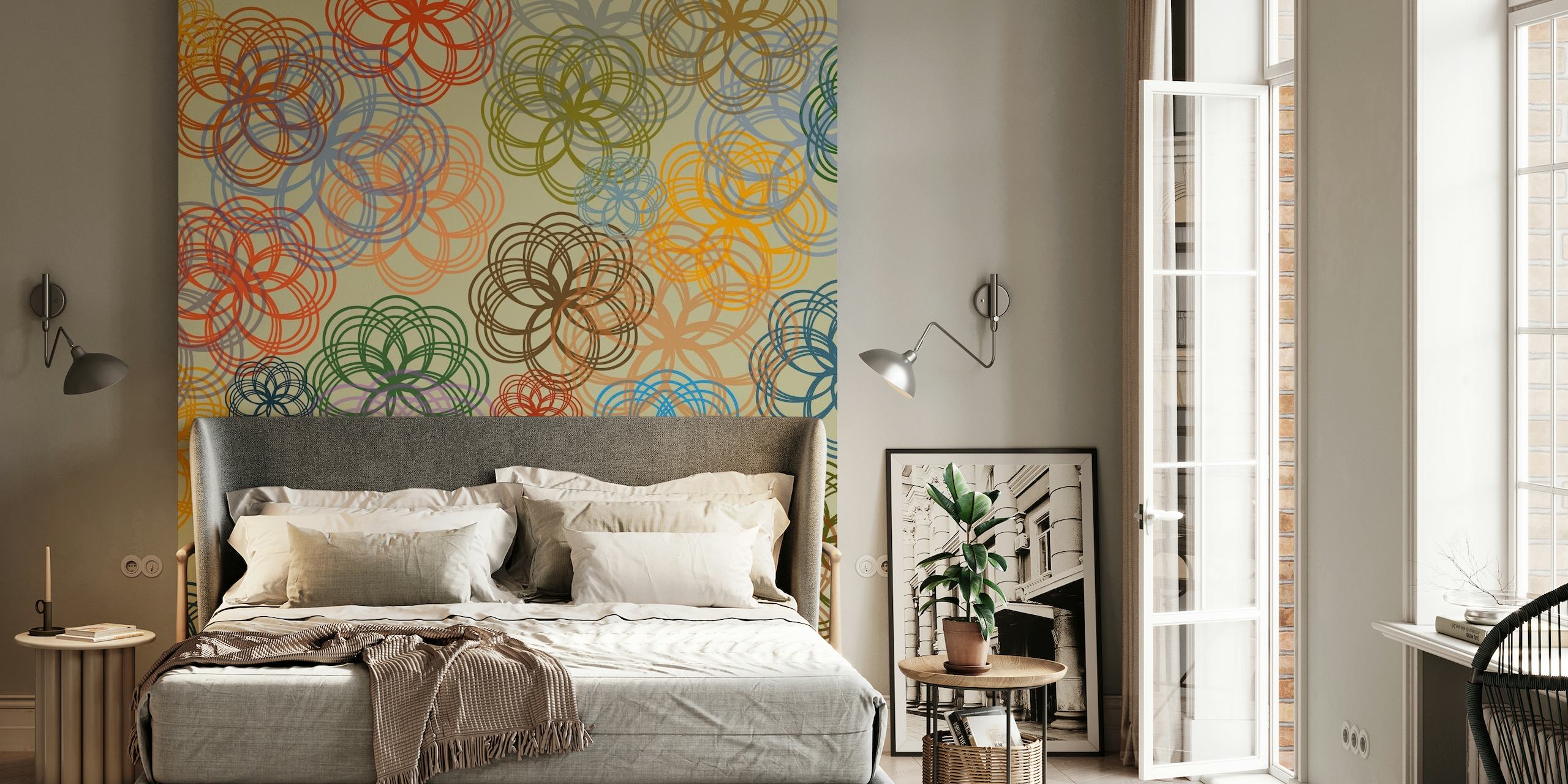 Muurschildering met abstracte geometrische bloemenpatronen in een pastelkleurenschema