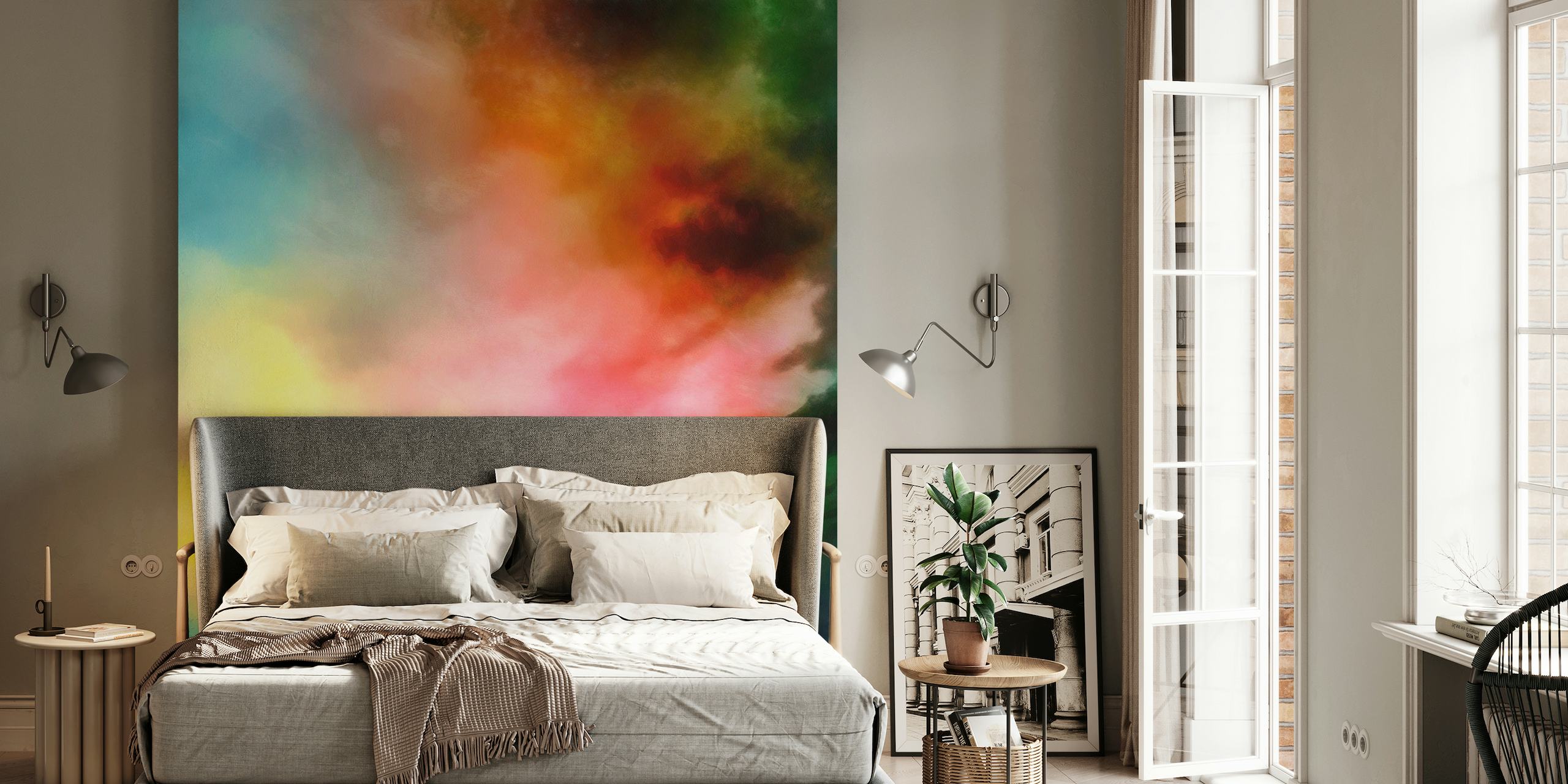 Colorful abstract sunset wall mural with vivid red, orange, yellow, blue, and purple tones