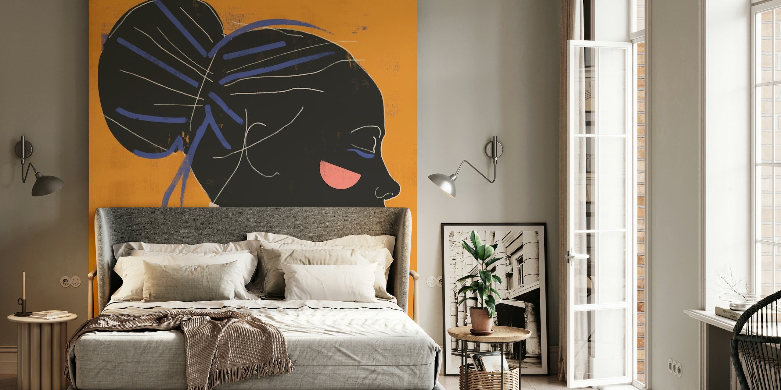 Abstract female profile wall mural in blue on an orange background