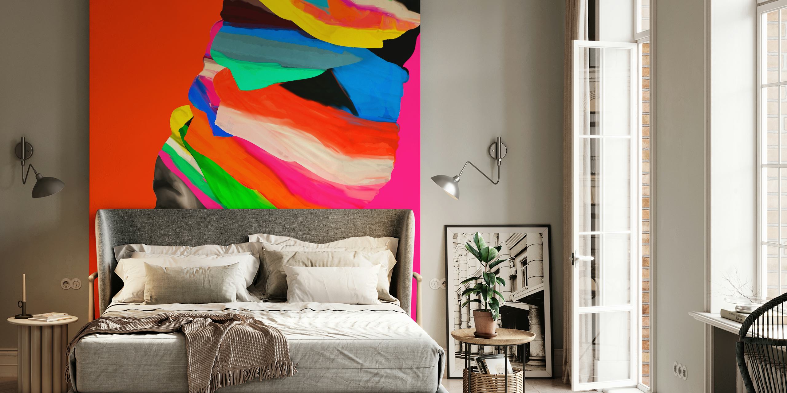 Profil kobiety w kolorowym abstrakcyjnym turbanie na fototapecie w neonowym różowym tle