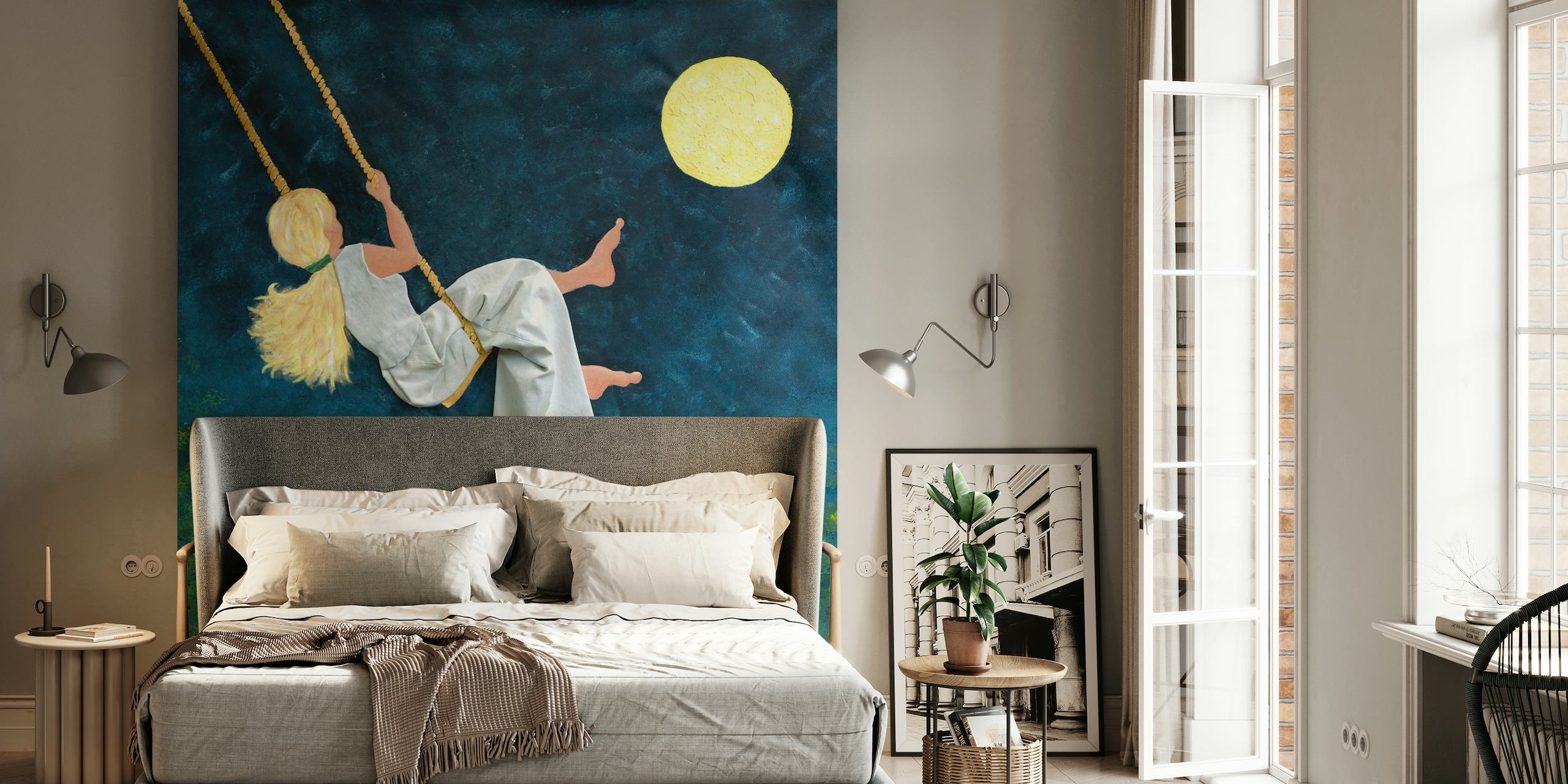 Dívka houpající se směrem k měsíci na nástěnné malbě hvězdné noci