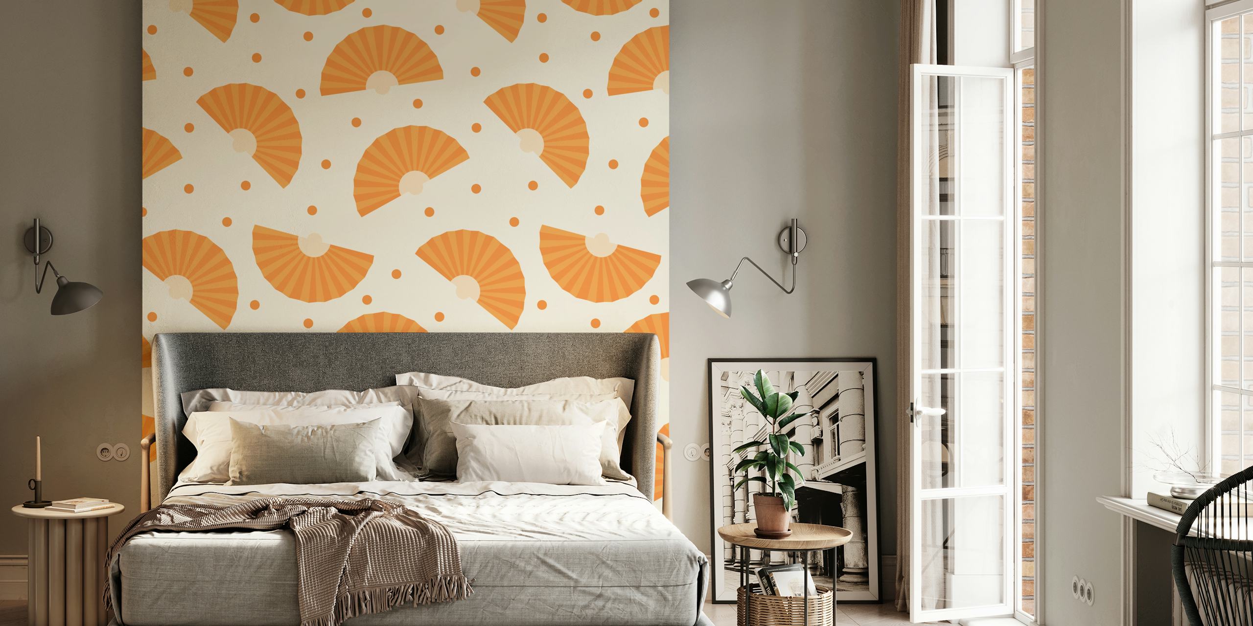 Orange hand fan pattern with dots on a cream background wallpaper