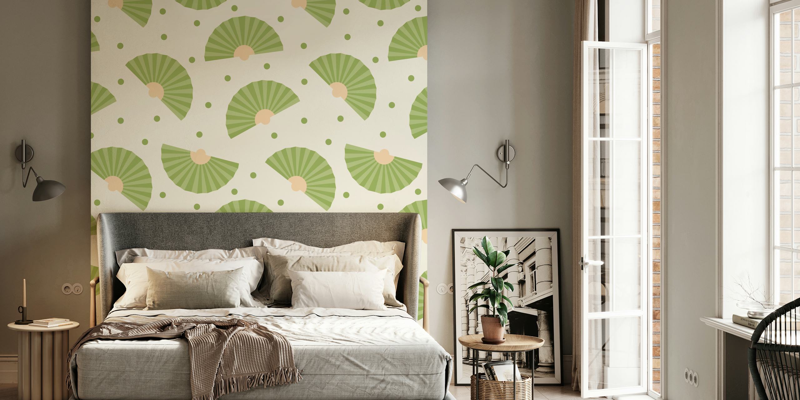Green hand fans and polka dots pattern wallpaper