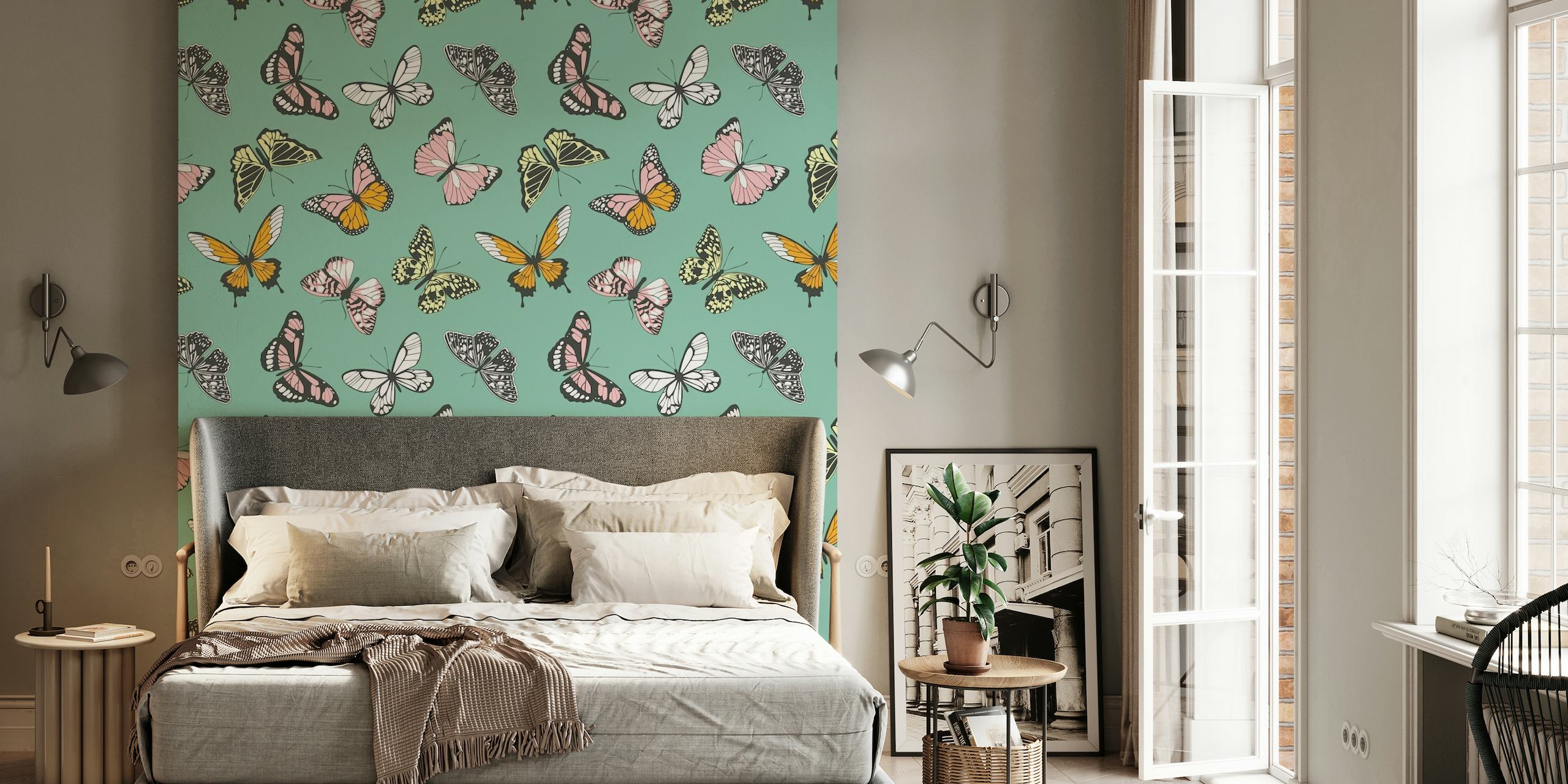 Wall mural with pastel-colored butterflies on a teal background, evoking springtime vibes