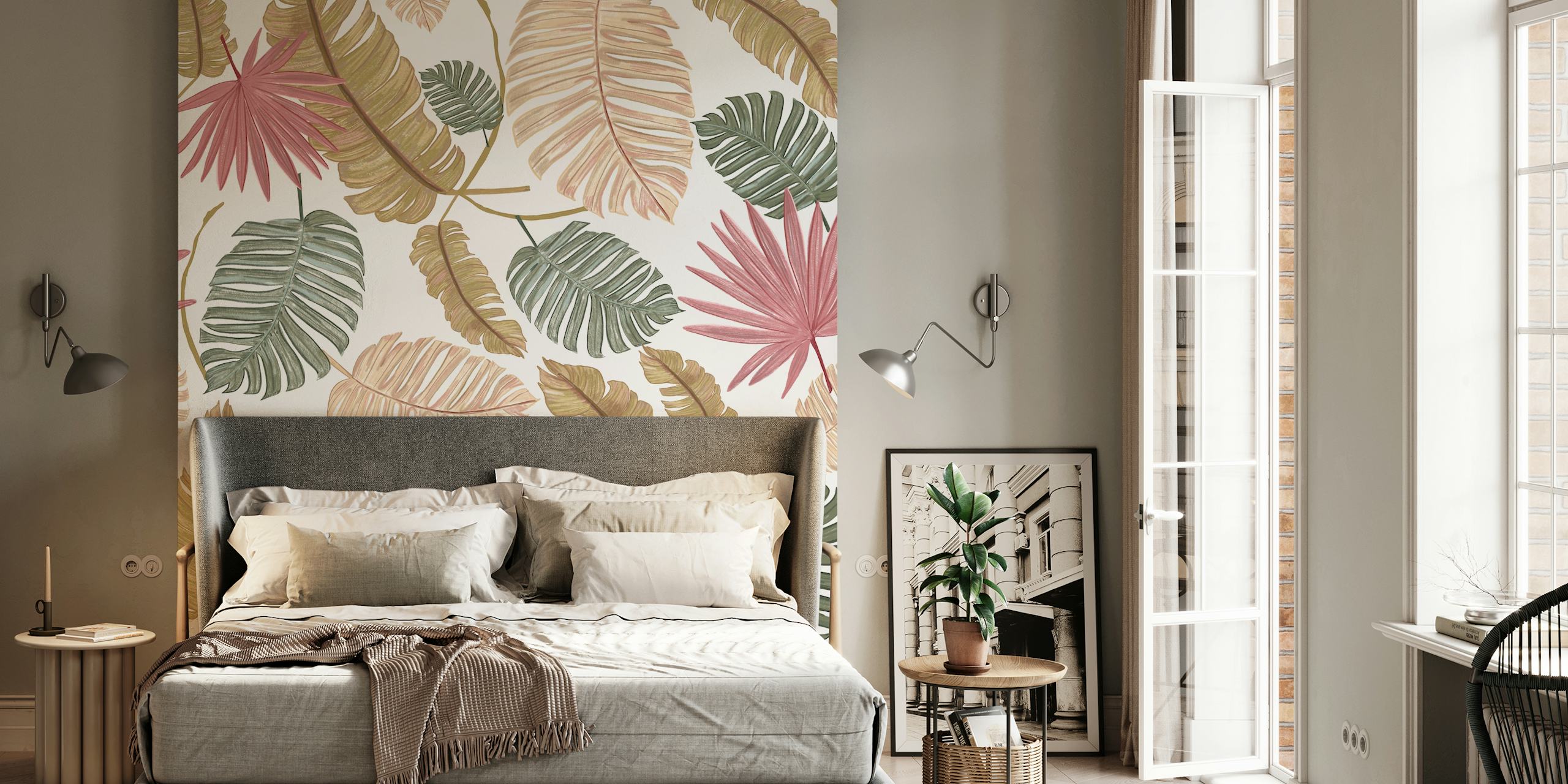 Nature inspired tropical leaves pattern on a white background wall mural