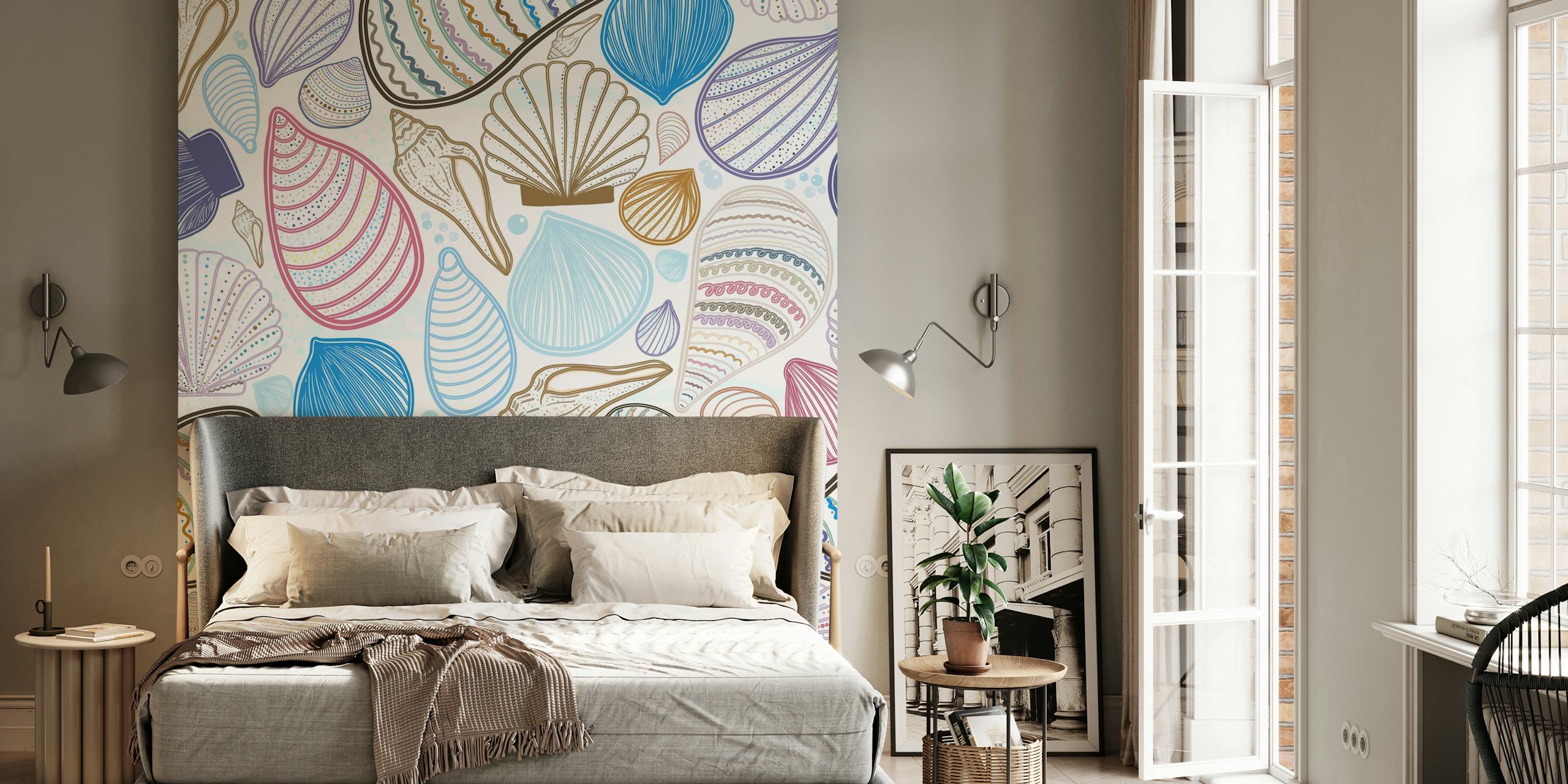 Pastel seashell pattern wall mural with a variety of sea shells in soothing colors