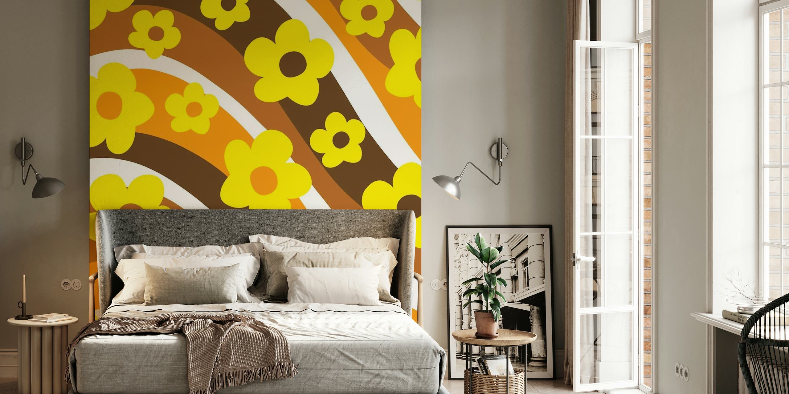 Retro Flower Wave 1 wall mural with yellow flowers and brown orange waves