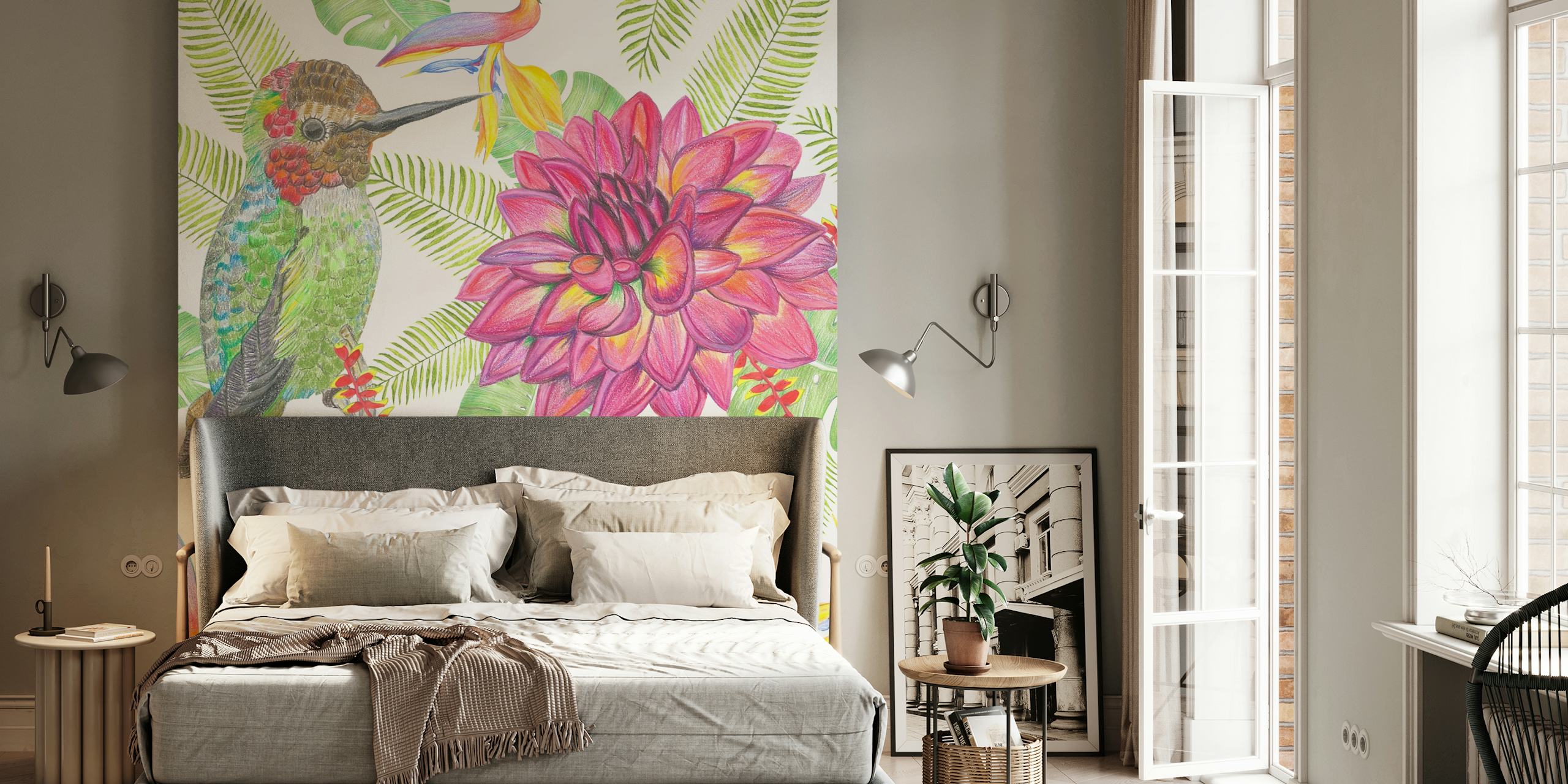 Hand drawn hummingbird wallpaper in a room