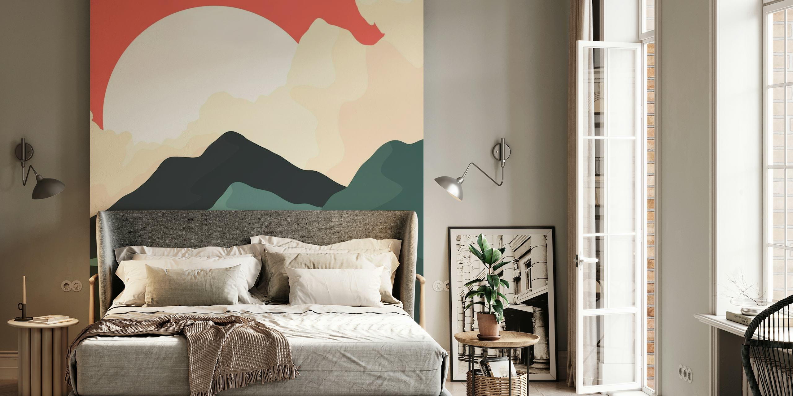 Abstract mountain range wall mural with dark green peaks and a warm sunset sky