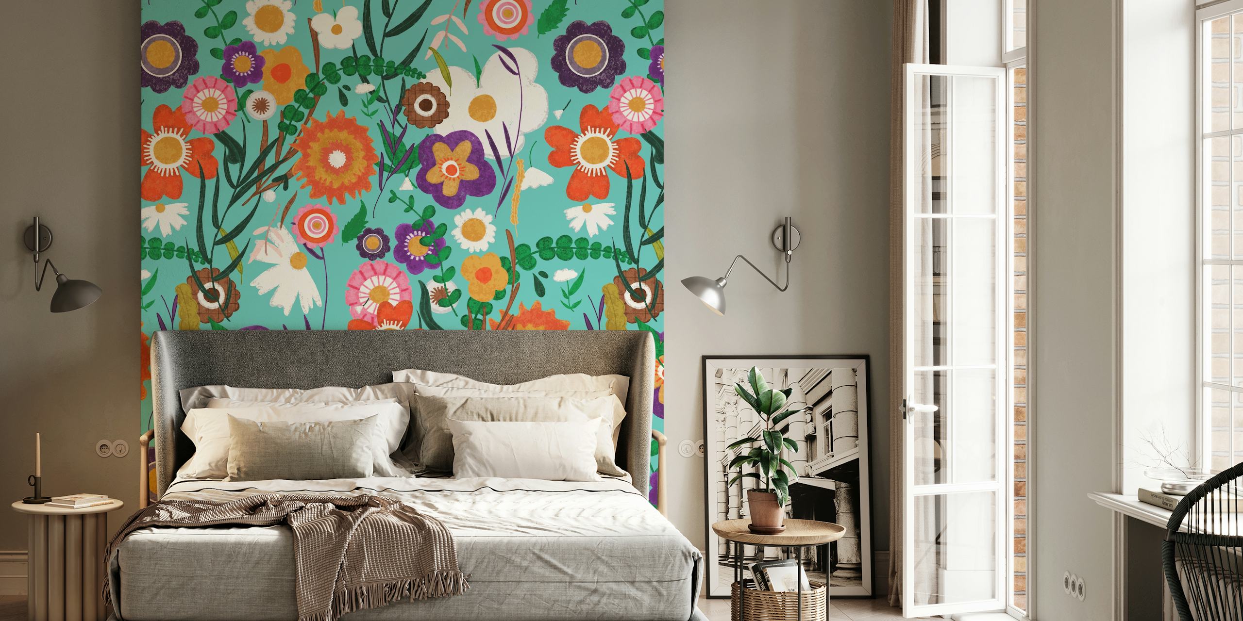 Folk spring floral blue design de papel de parede
