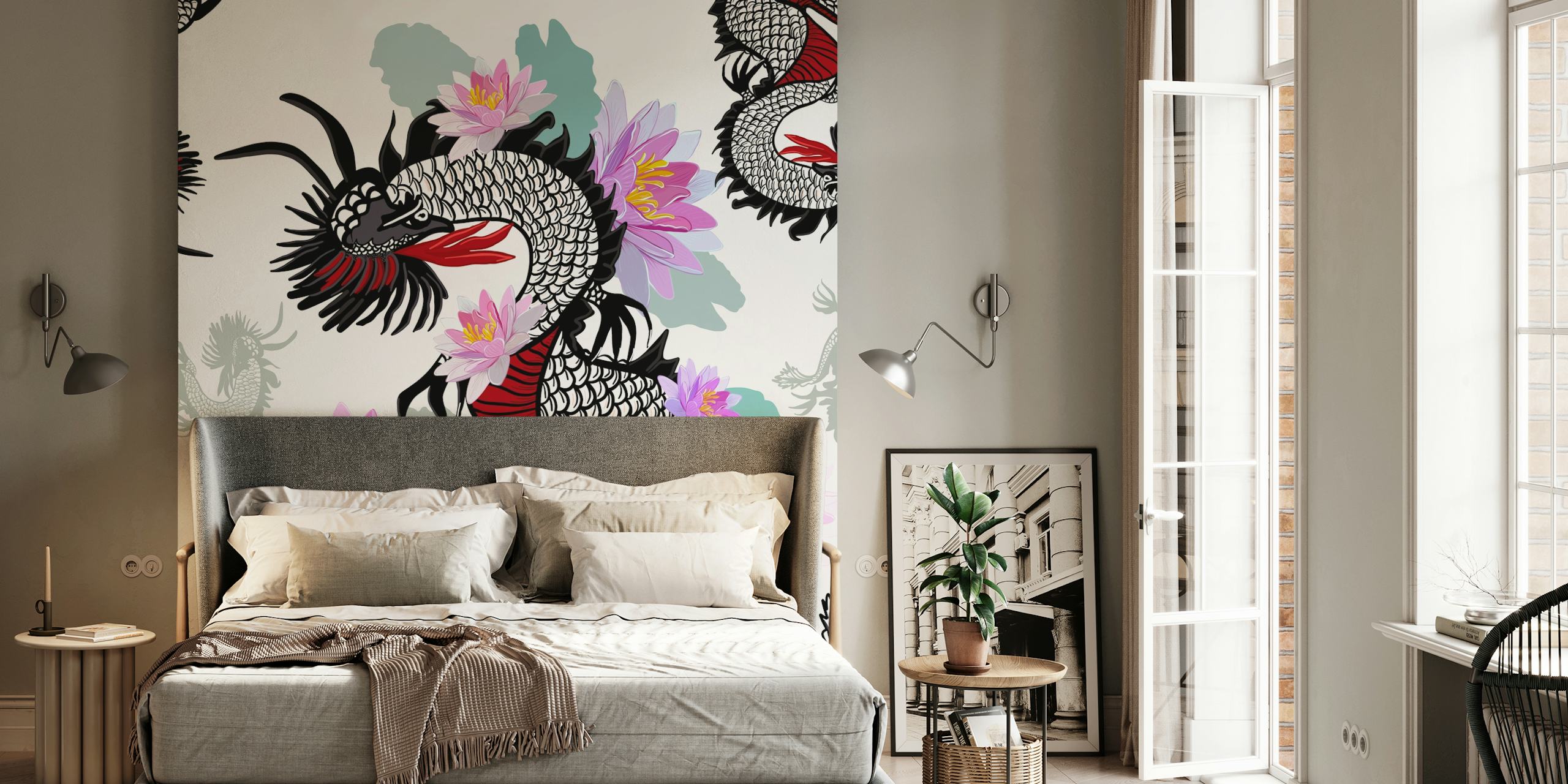 Mythical dragon and blooming lotus wall mural design