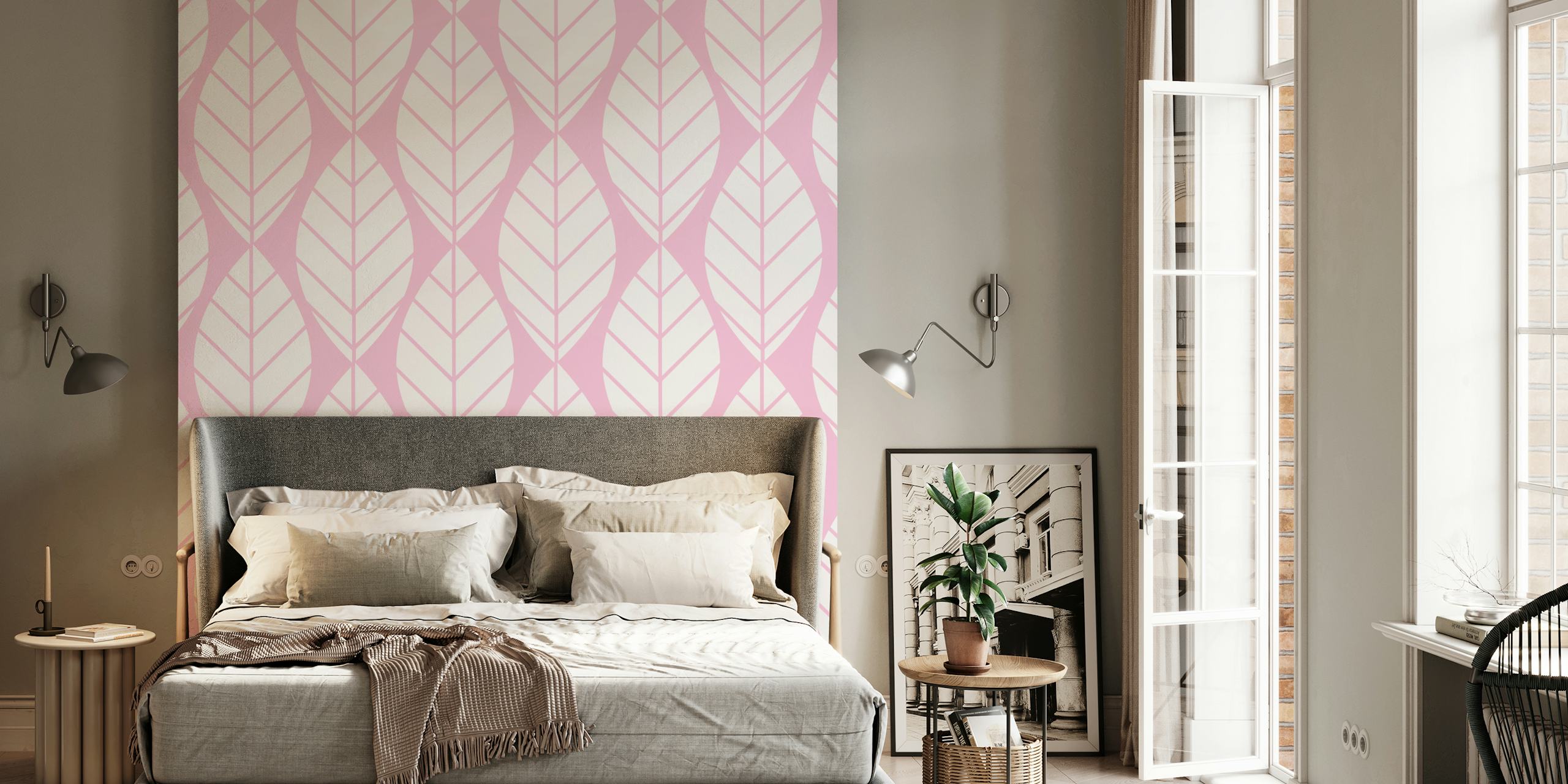 Carta da parati Pastel Pink Leaf Pattern in una stanza